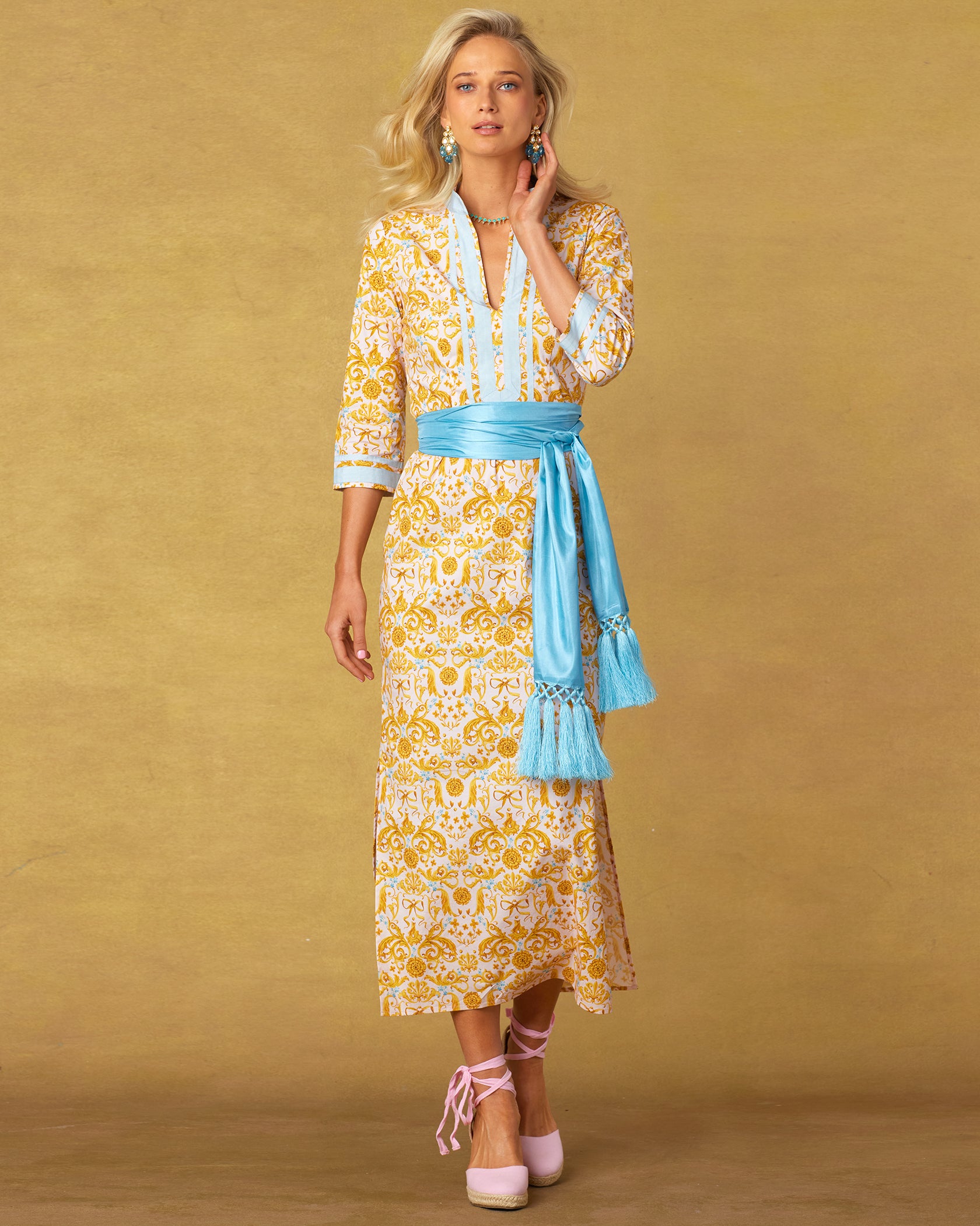 Capri Long Tunic Dress in French Regency Ribbon Print-Full Length worn with the Cosima Sash Belt
