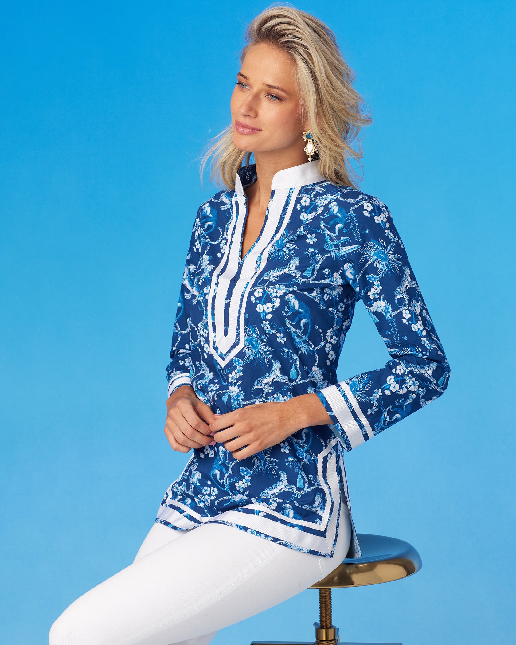 Capri Tunic in Whimsical Jungle Toile in Blue and White-Sitting