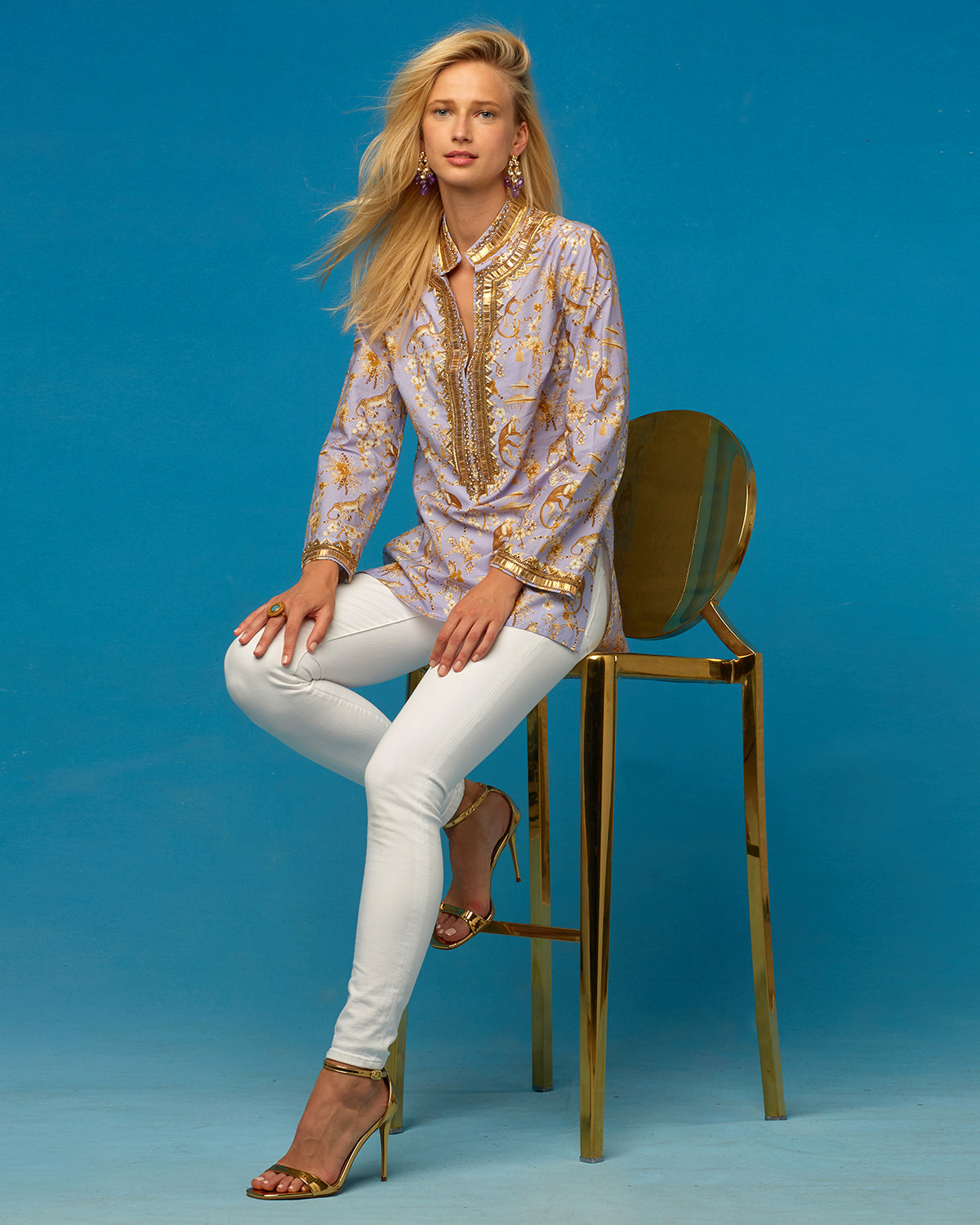 Cassandra  Tunic in Whimsical Jungle Toile in Saffron on Lavender Embellished in Gold-seated showing side slit