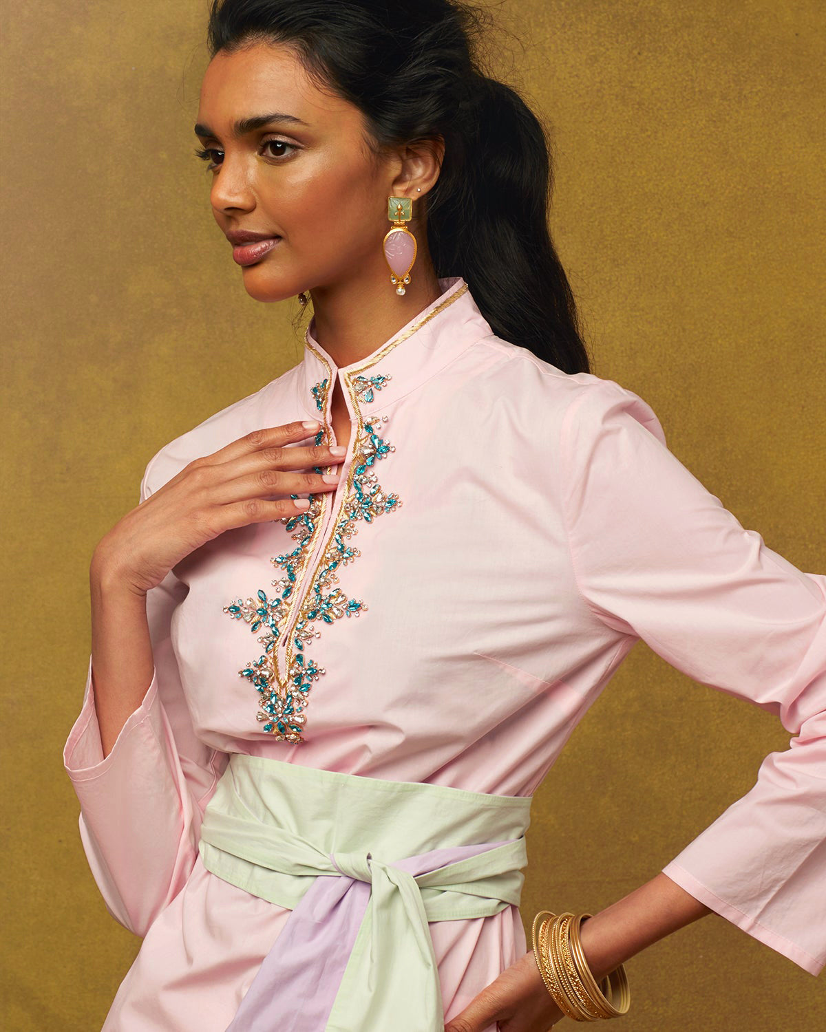 Circe Tunic in Blush Pink with Crystals and Gold Embroidery-Portrait with Sash Belt