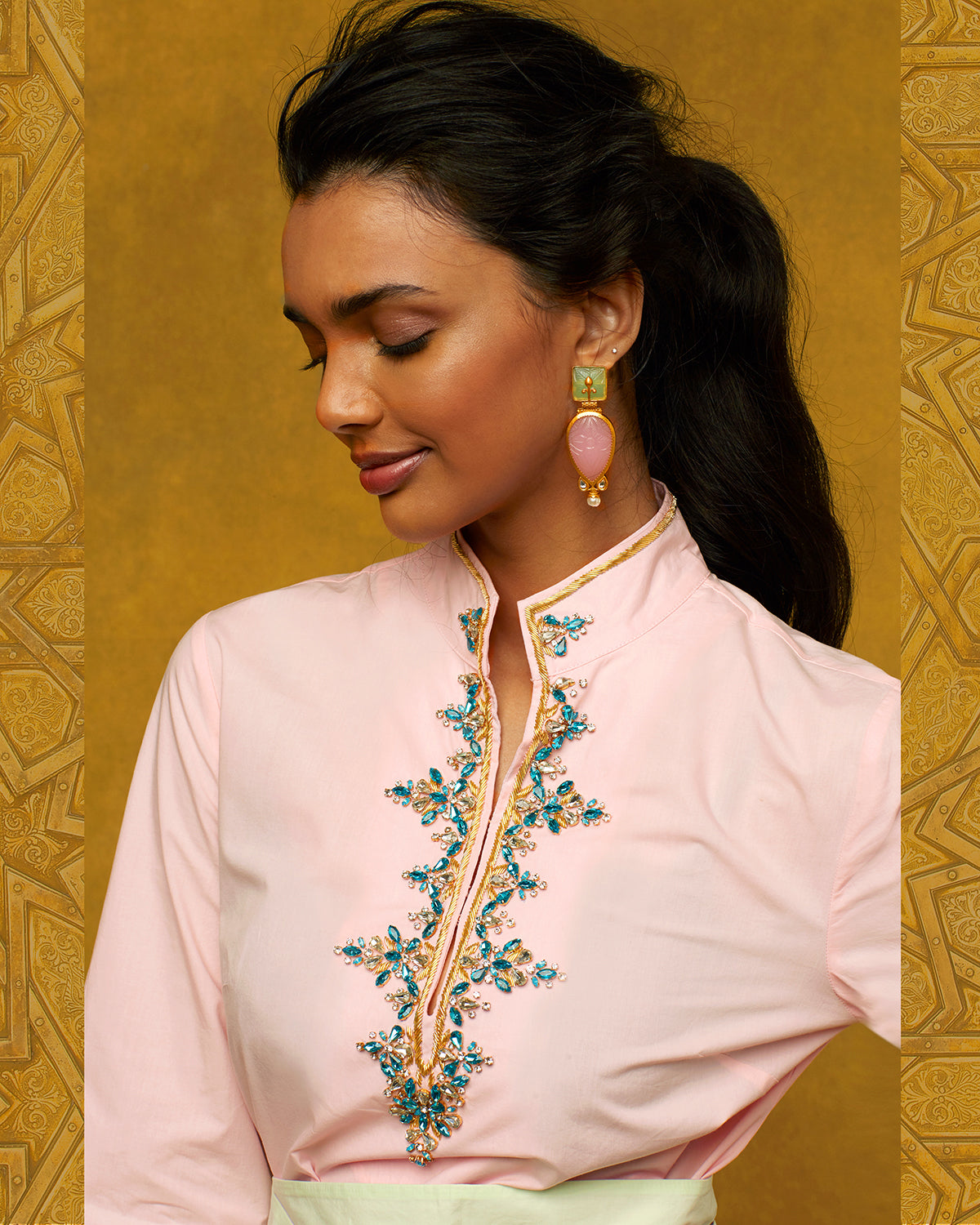 Circe Tunic in Blush Pink with Crystals and Gold Embroidery-Closeup Portrait