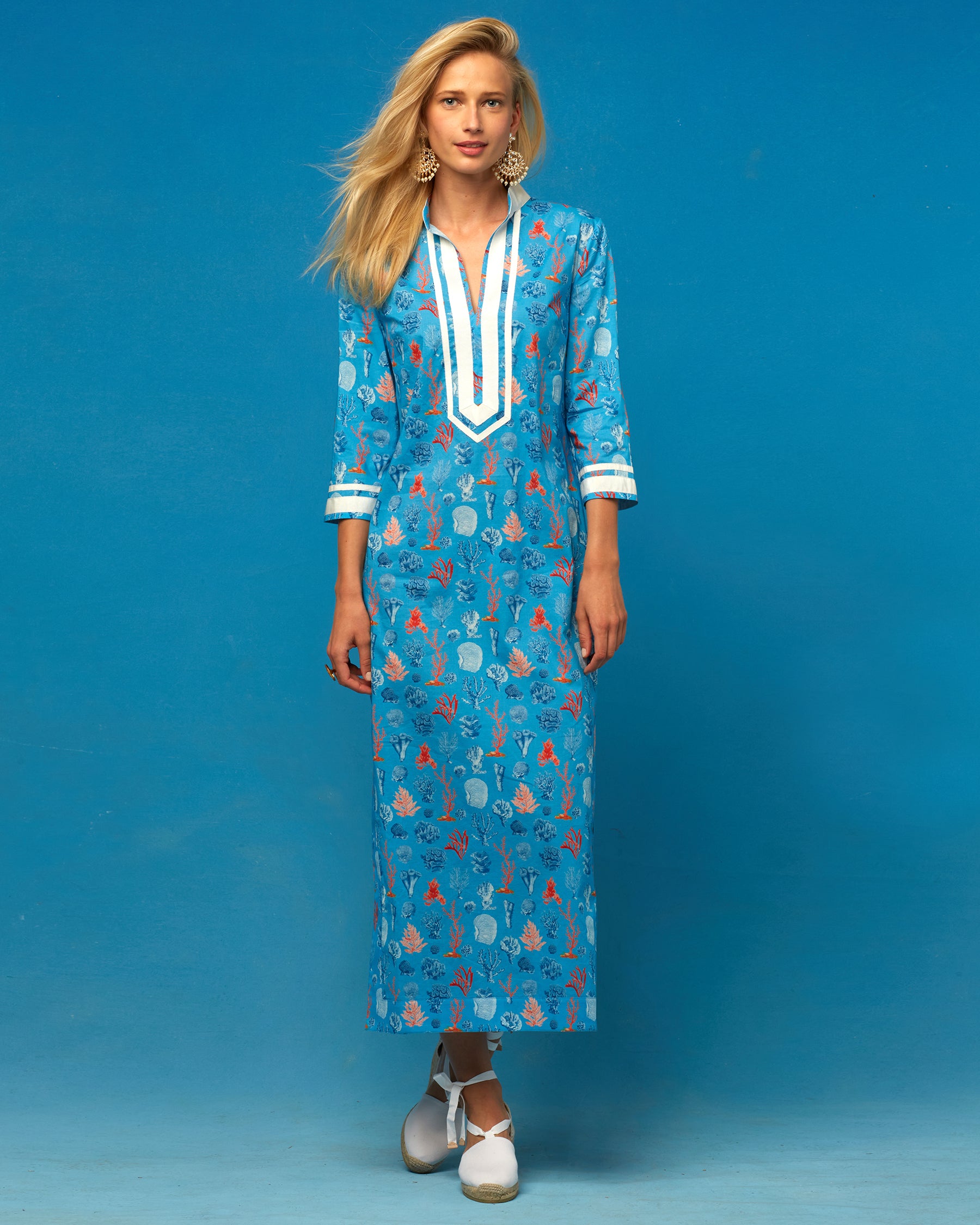 Capri Long Tunic Dress in Coral Reef Blue-Front View