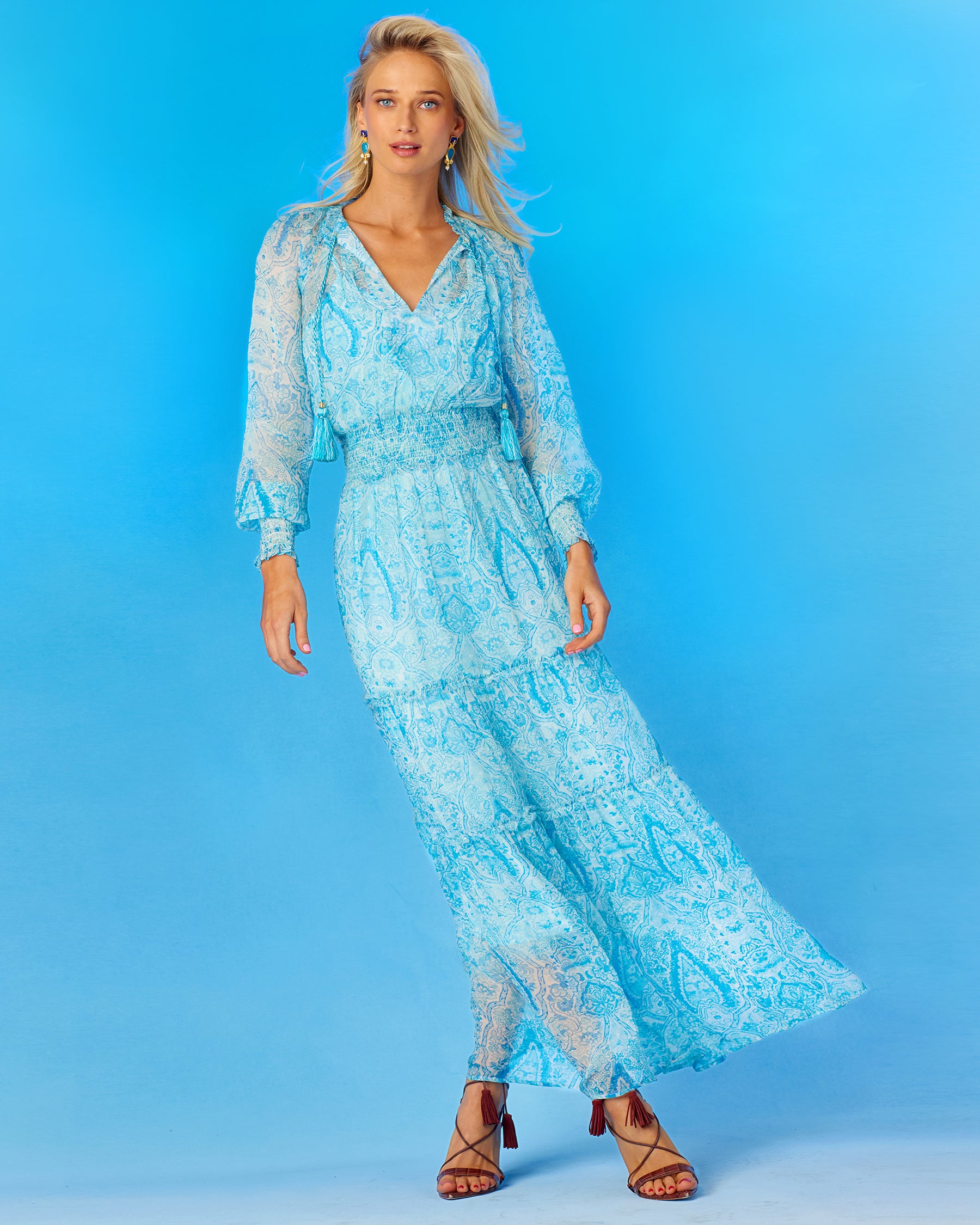 Emillie Long Crinkle Chiffon Dress in Turquoise Paisley-Full Front View