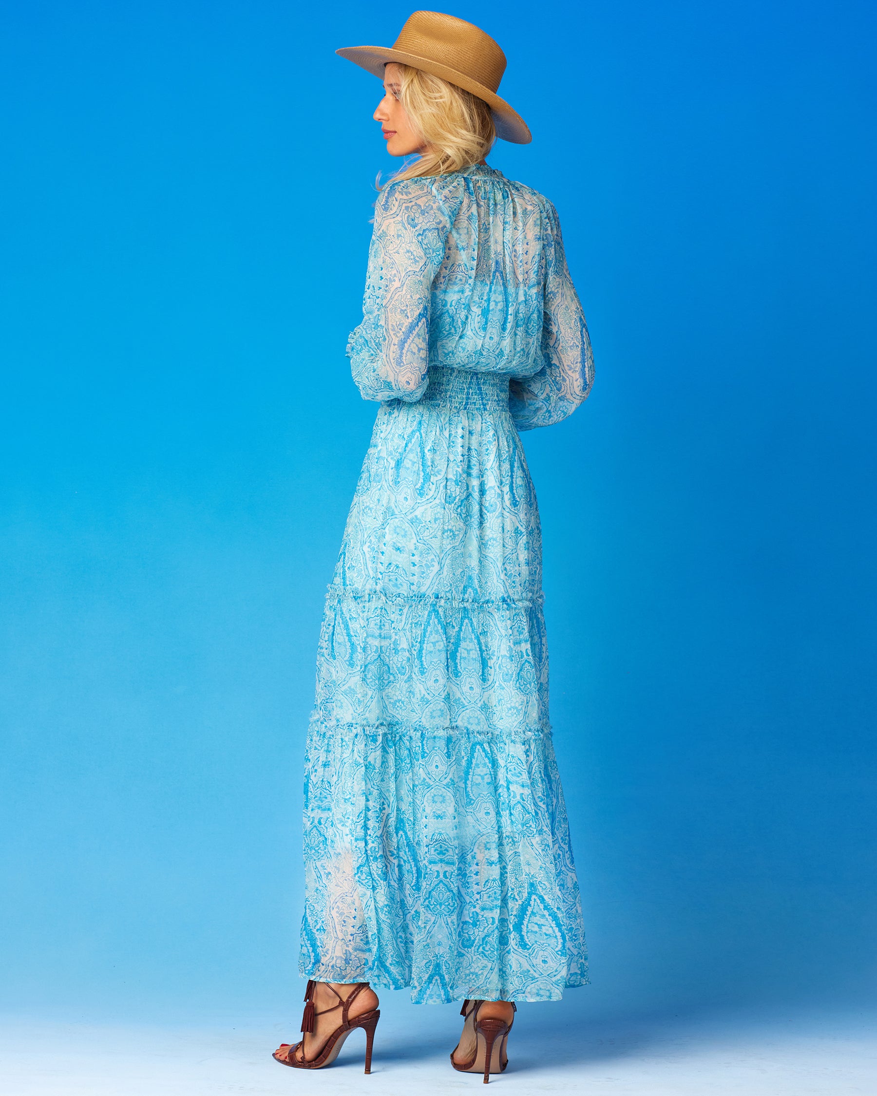 Emillie Long Crinkle Chiffon Dress in Turquoise Paisley-Back View
