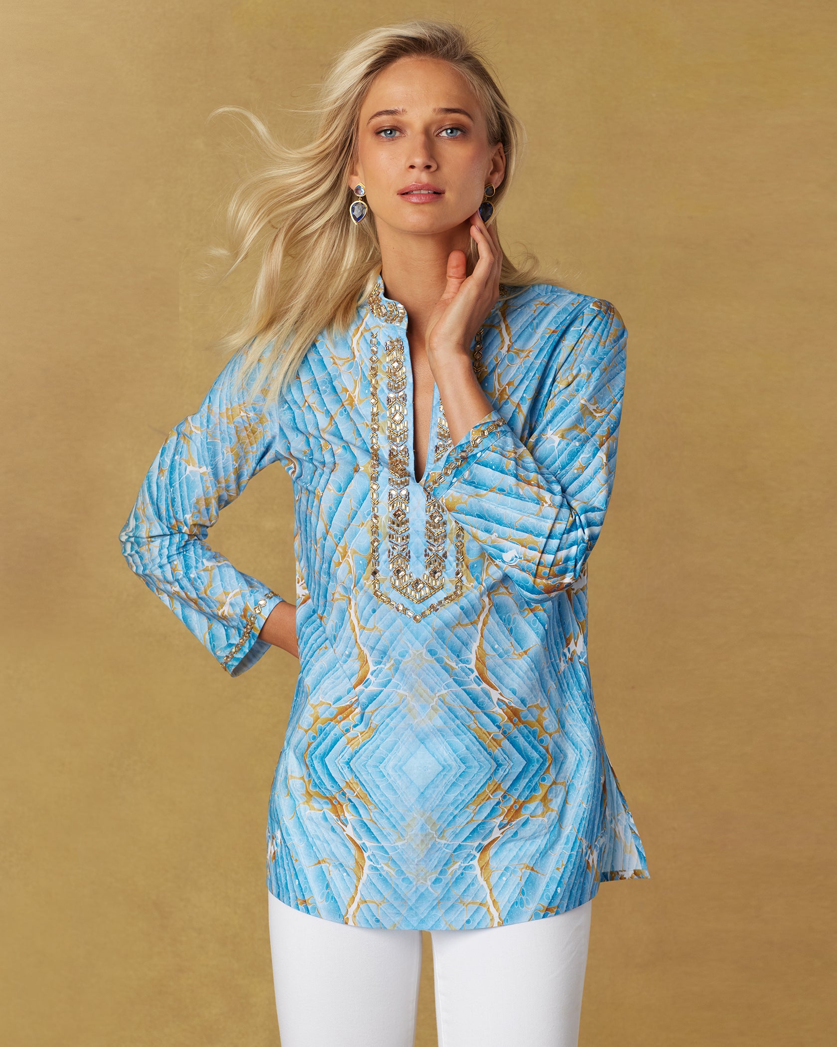 Estelle Tunic with Gold Embellishment in Sky Blue Marble-Front View