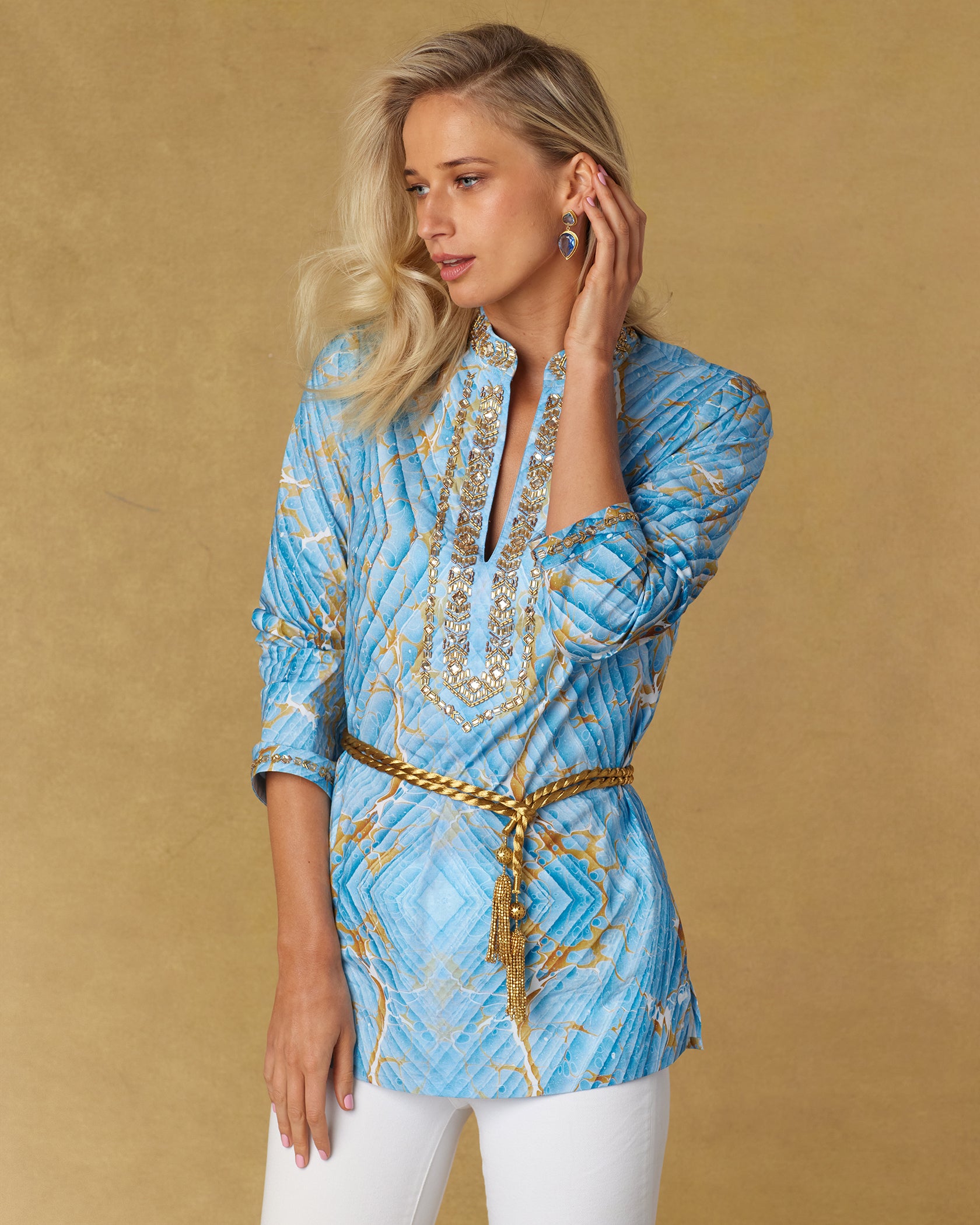 Estelle Tunic with Gold Embellishment in Sky Blue Marble-Worn with Artemis Gold Belt