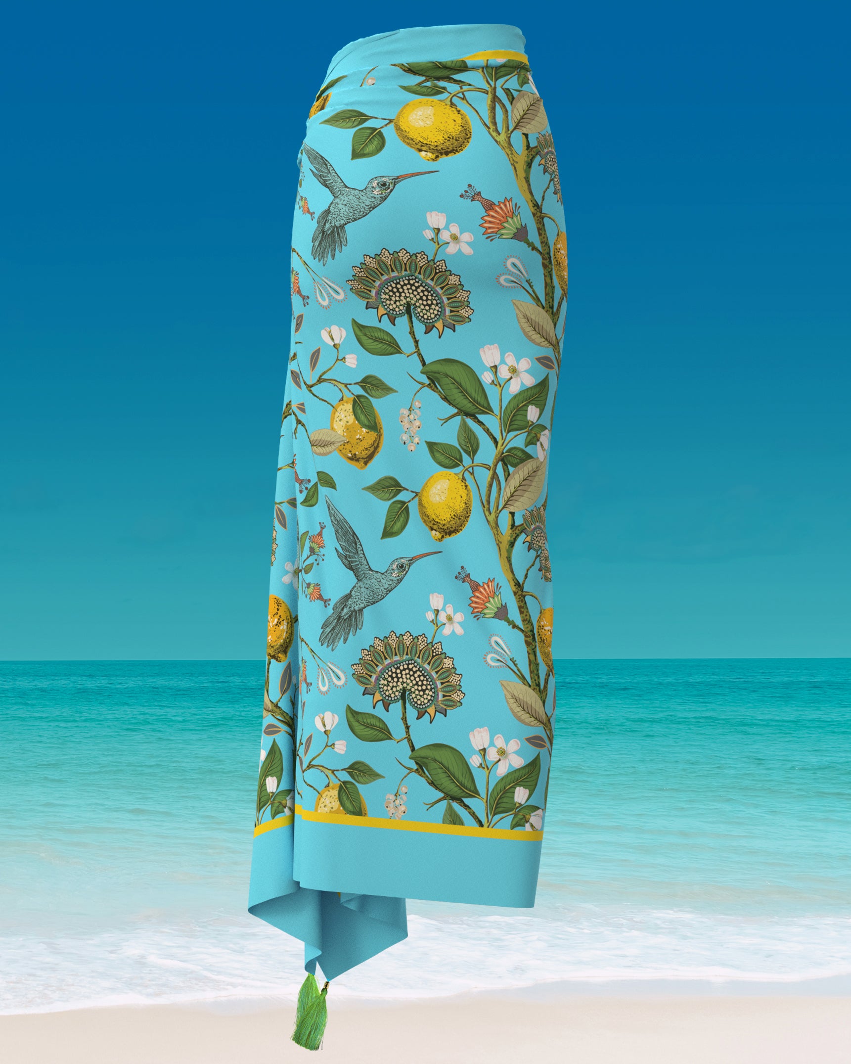 Flora Organic Cotton Pareo in Turquoise-Back View Worn as a Skirt