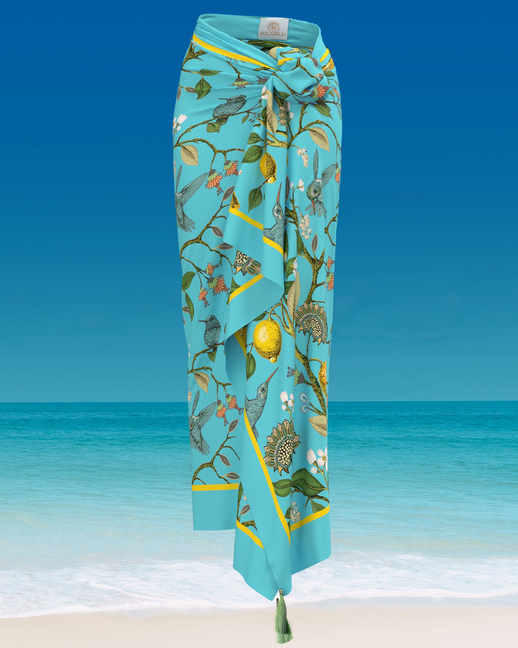 Flora Organic Cotton Pareo in Turquoise-Worn as a Skirt