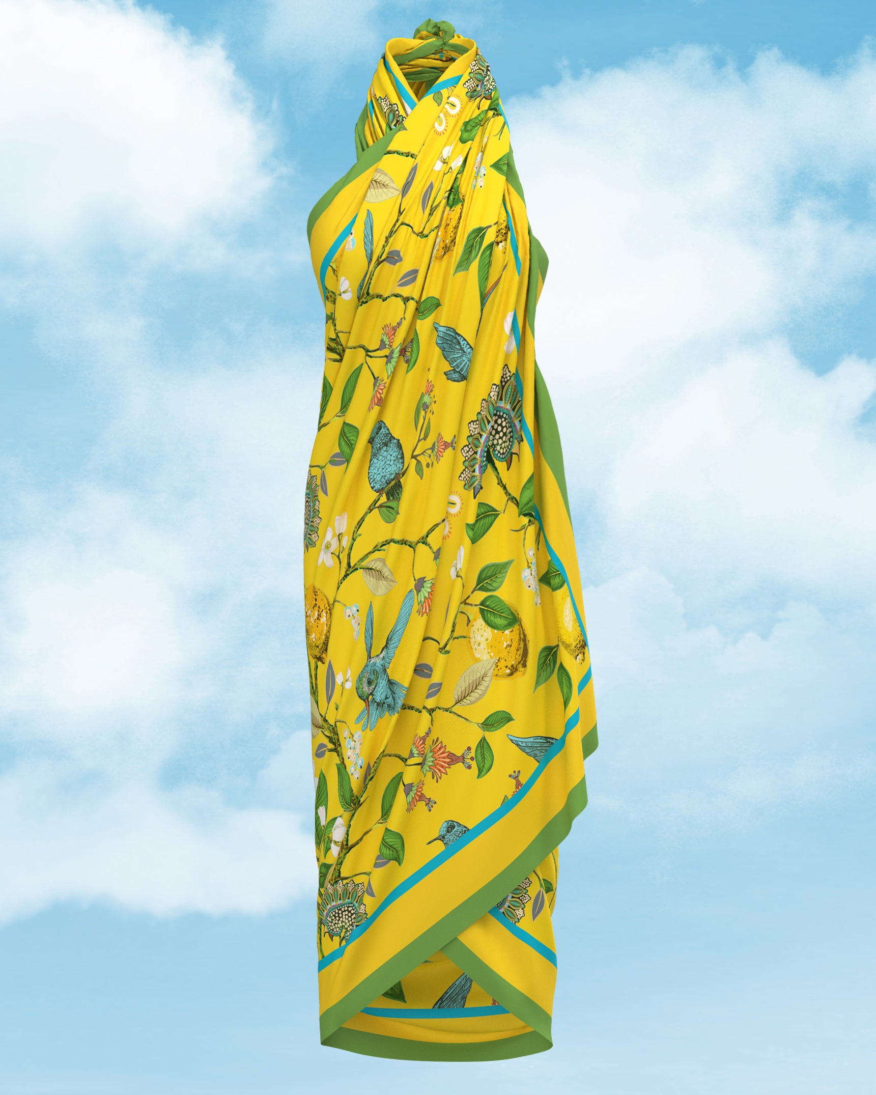 Flora Organic Cotton Pareo in Yellow-Worn as a Halter Dress