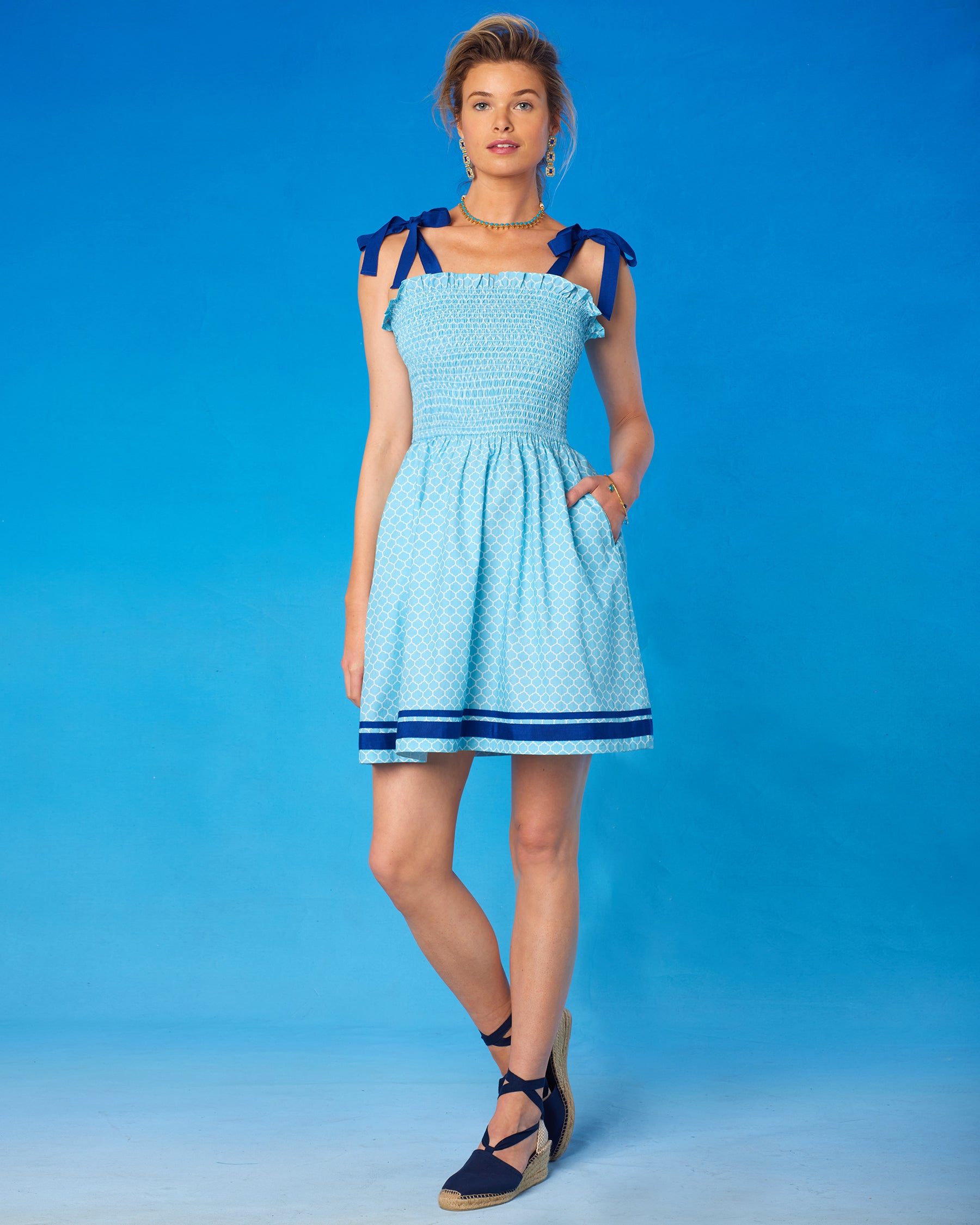 Gwen Smocked Short Dress in Light Blue Alhambra Print-Alternate View