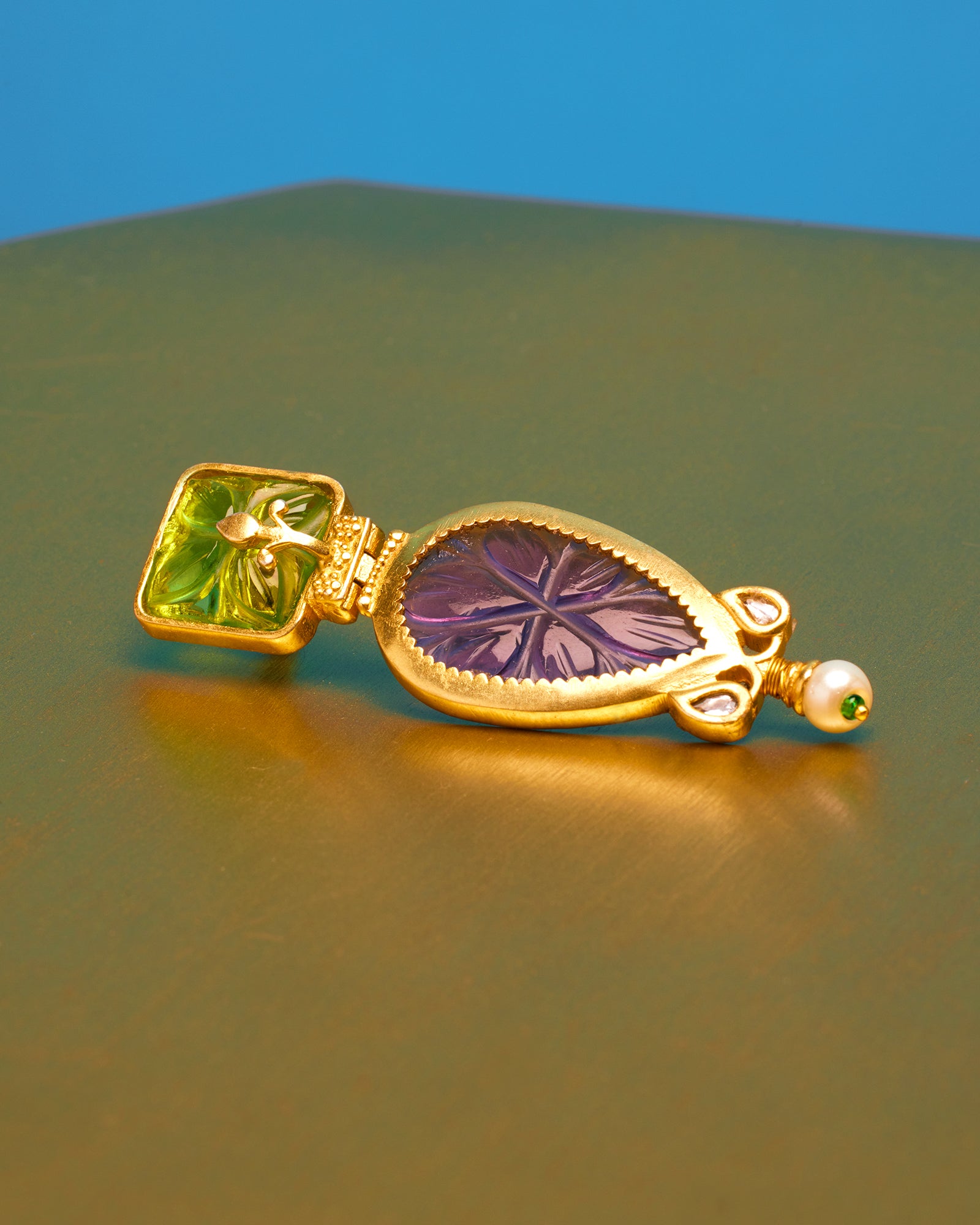 Harper Earrings in Lime Green and Amethyst Purple-Closeup