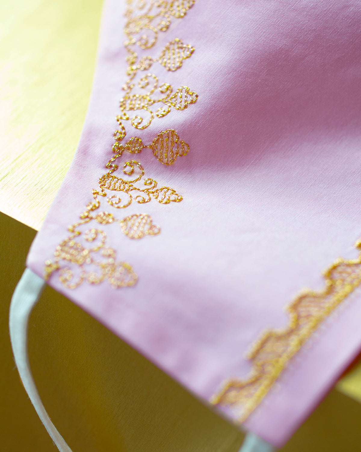 Maharani Lavender Mask gold filigree embroidery closeup detail