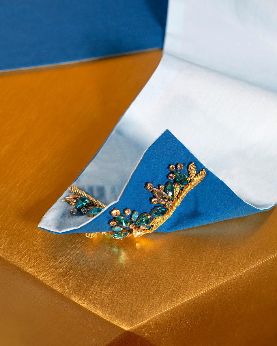 Circe Reversible Blue Sash Belt Embellished with Crystals and Gold