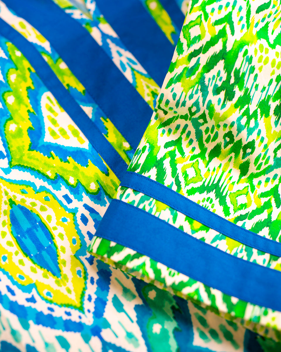 Closeup detailmof the Nicobar Tunic in Jungle Green Ikat