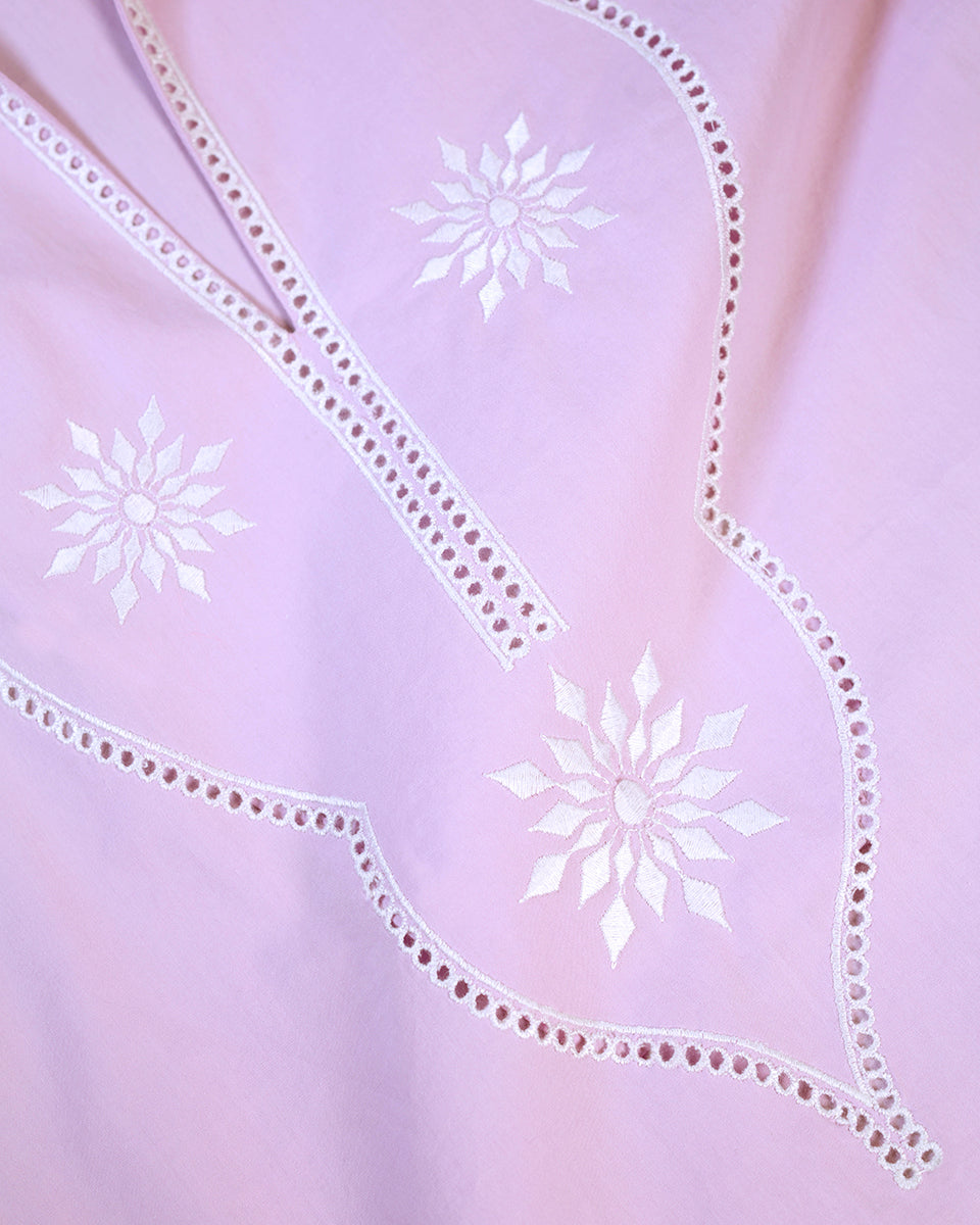 Closeup of Jacaranda Tunic in Sunset Lavender and White Embroidery