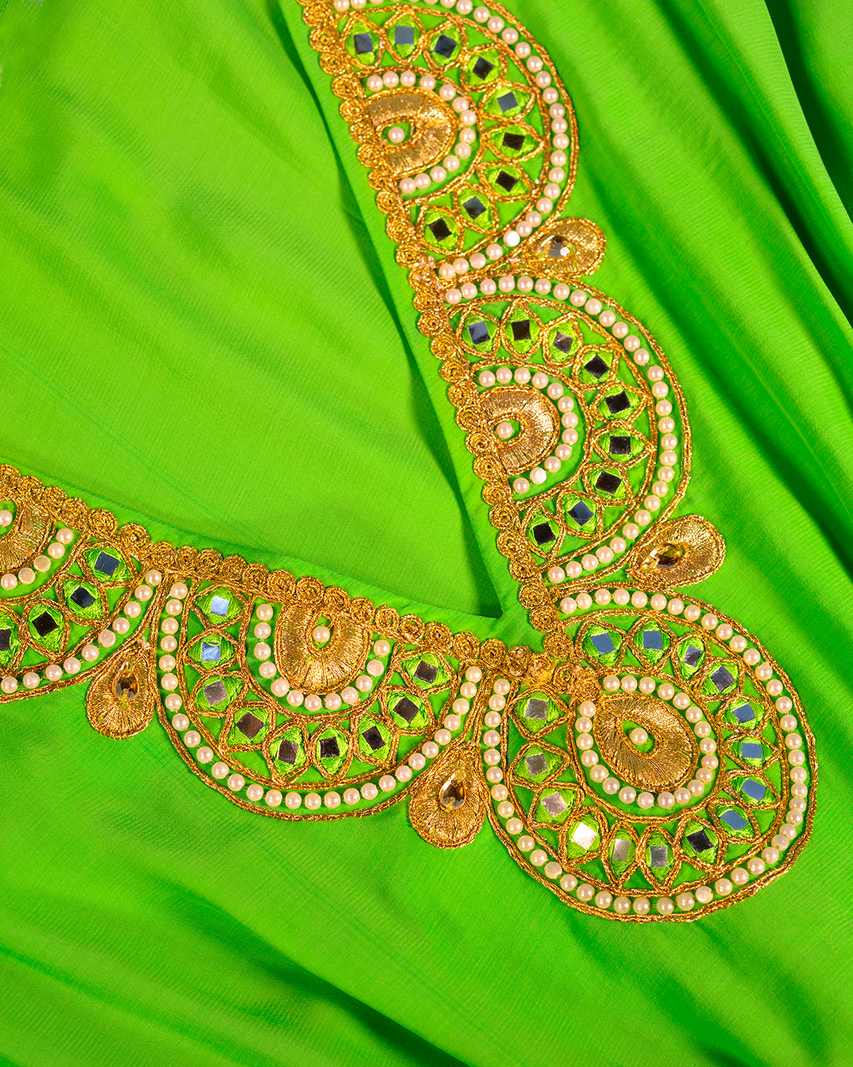 Esmeralda Short Kaftan in Lime Green and Gold and Pearl Embellishment-Closeup of Gold and Pearl Embroidery