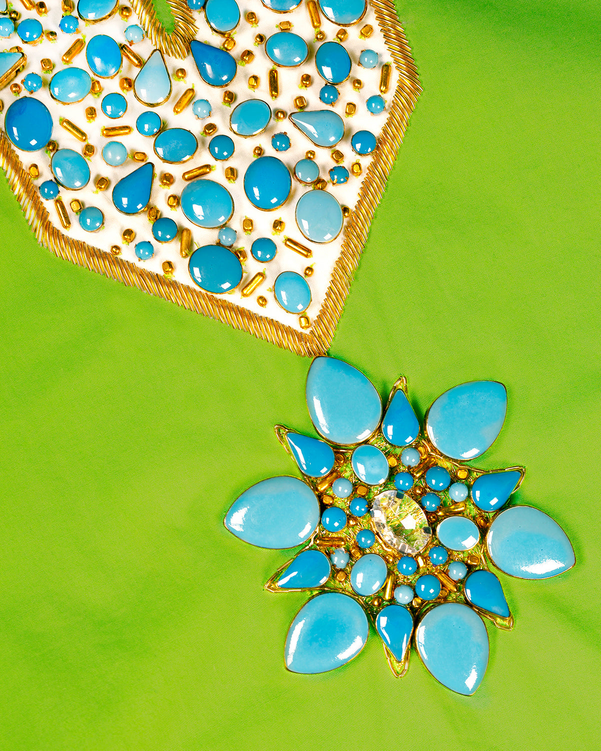Madison Tunic in Lime Green Embellished in Gold and Semiprecious Stones-closeup of hand craftsmanship