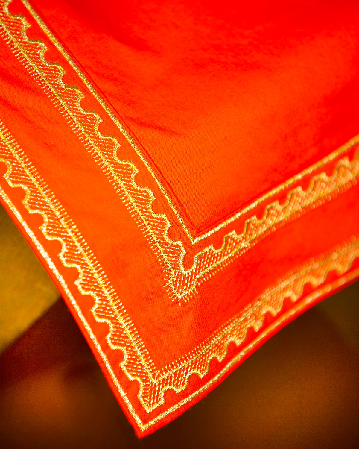 Maharani Tunic in Coral Orange Embroidered in Gold Filigree-Hem Embroidery Detail