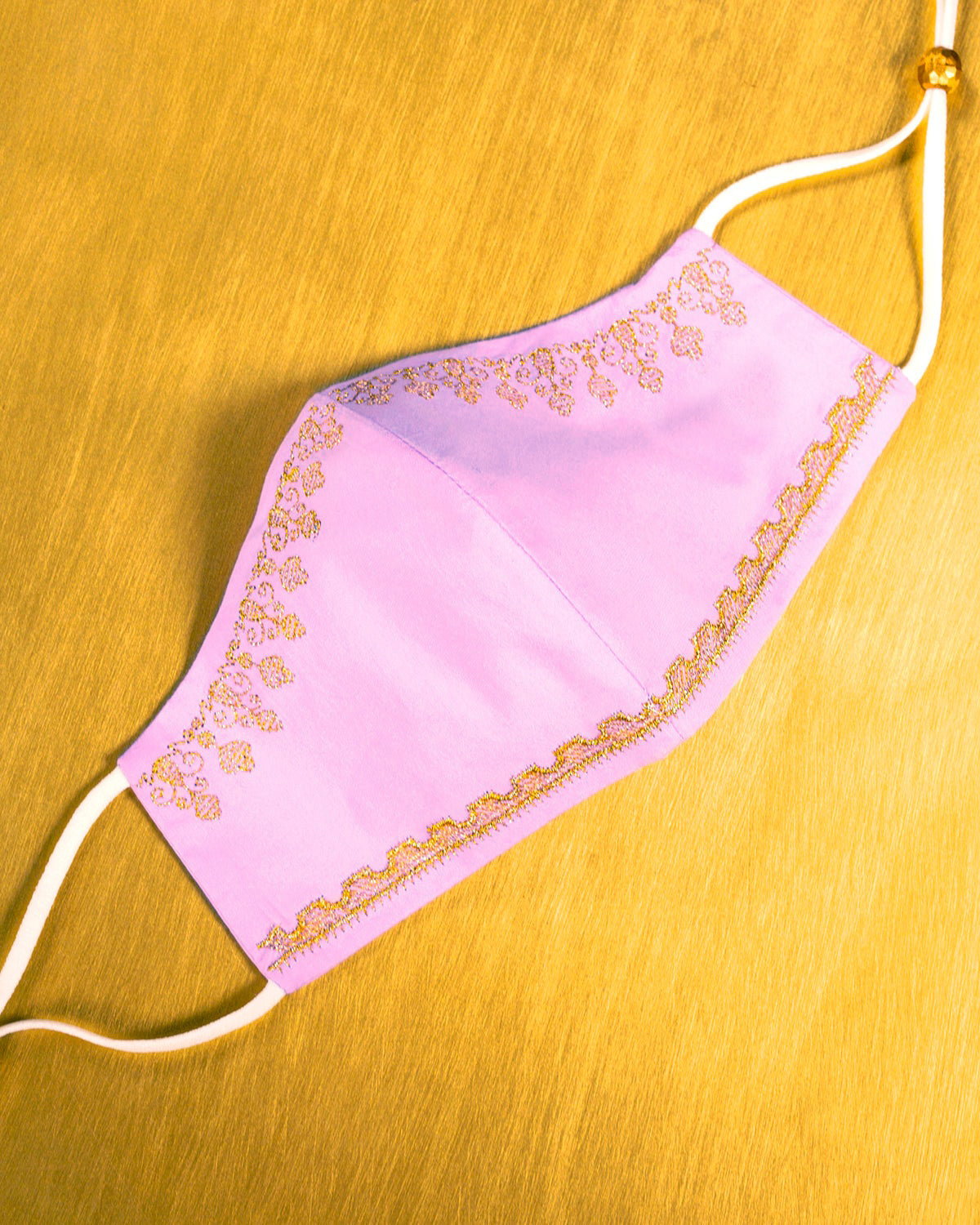 Maharani Mask in Sunset Lavender Embroidered in Gold Filigree-Still Life Image