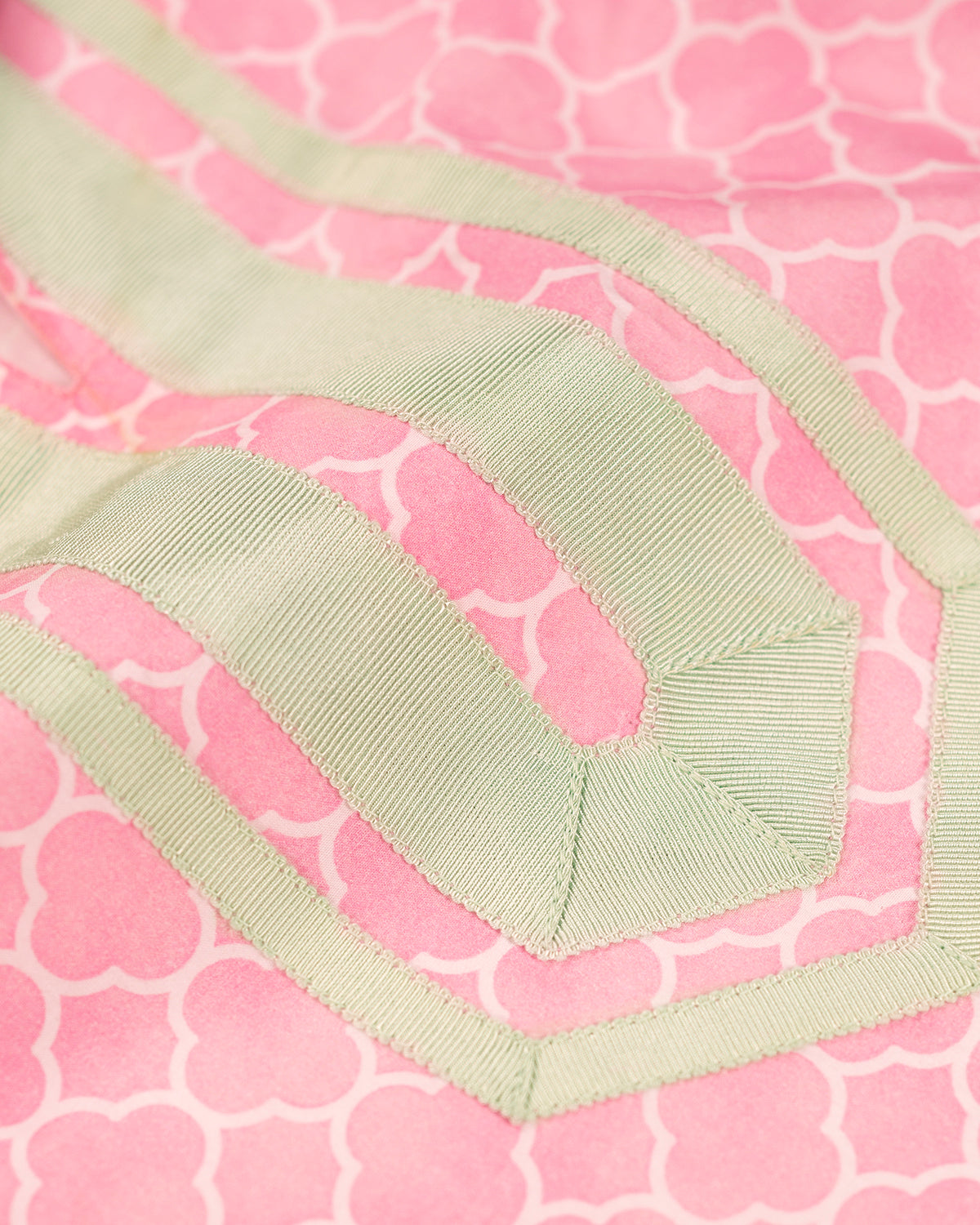 Capri Long Tunic Dress in Light Pink Alhambra Print-Closeup of grosgrain ribbon trim