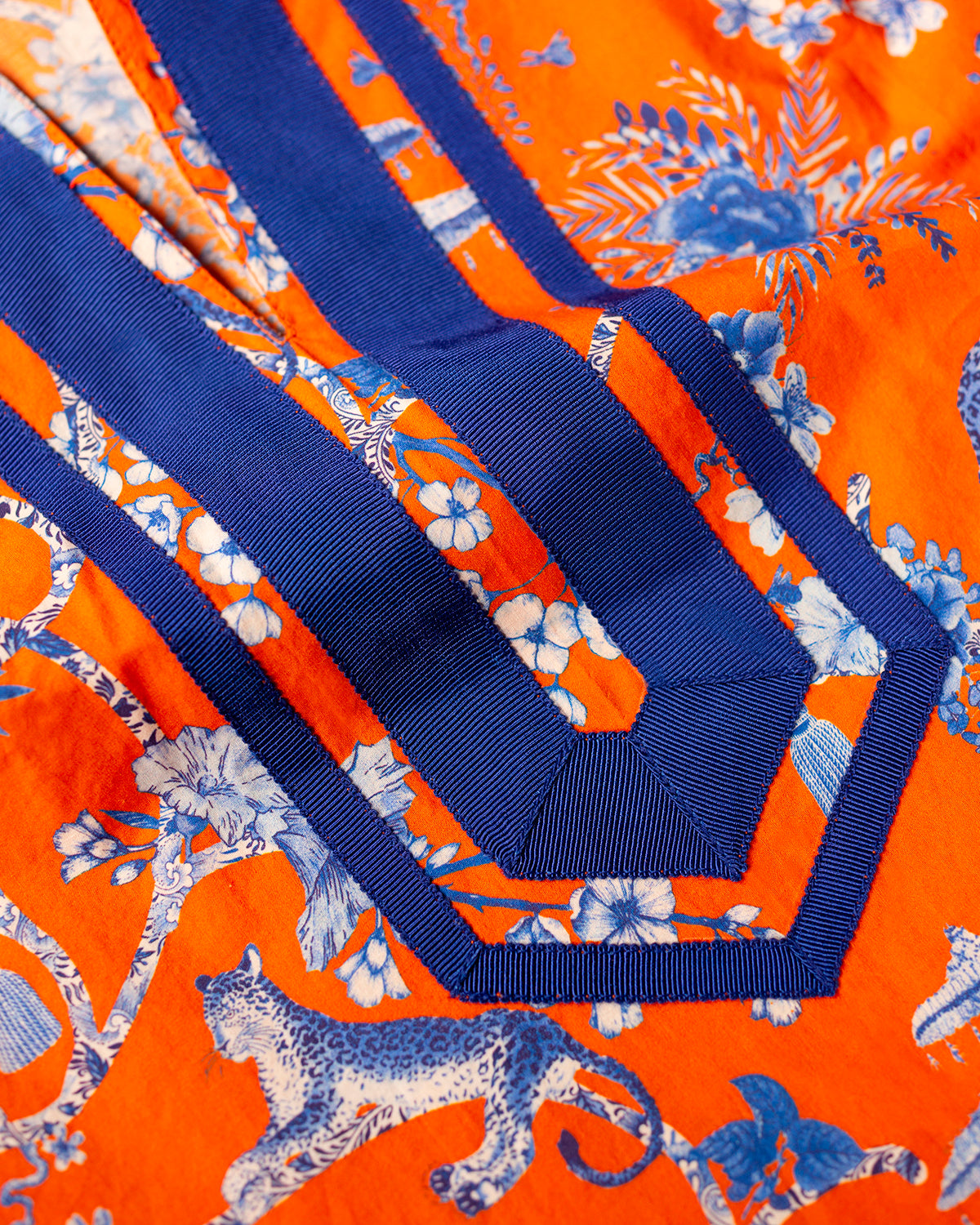 Capri Tunic in Whimsical Jungle Toile in Orange and Blue-Grosgrain Trim