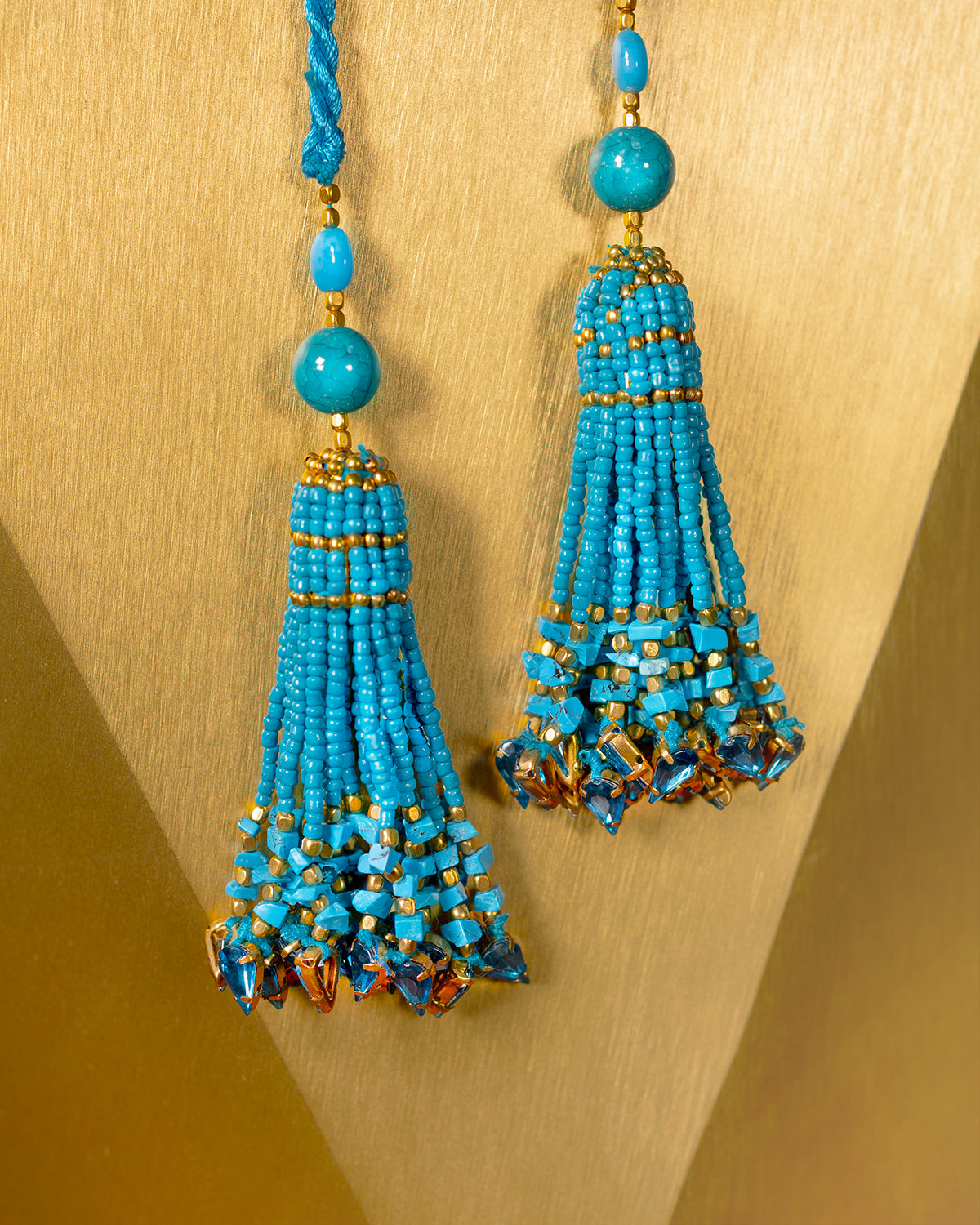 Samarkand Long Kaftan in Elegant Light Blue Paisley-Jeweled Tassels