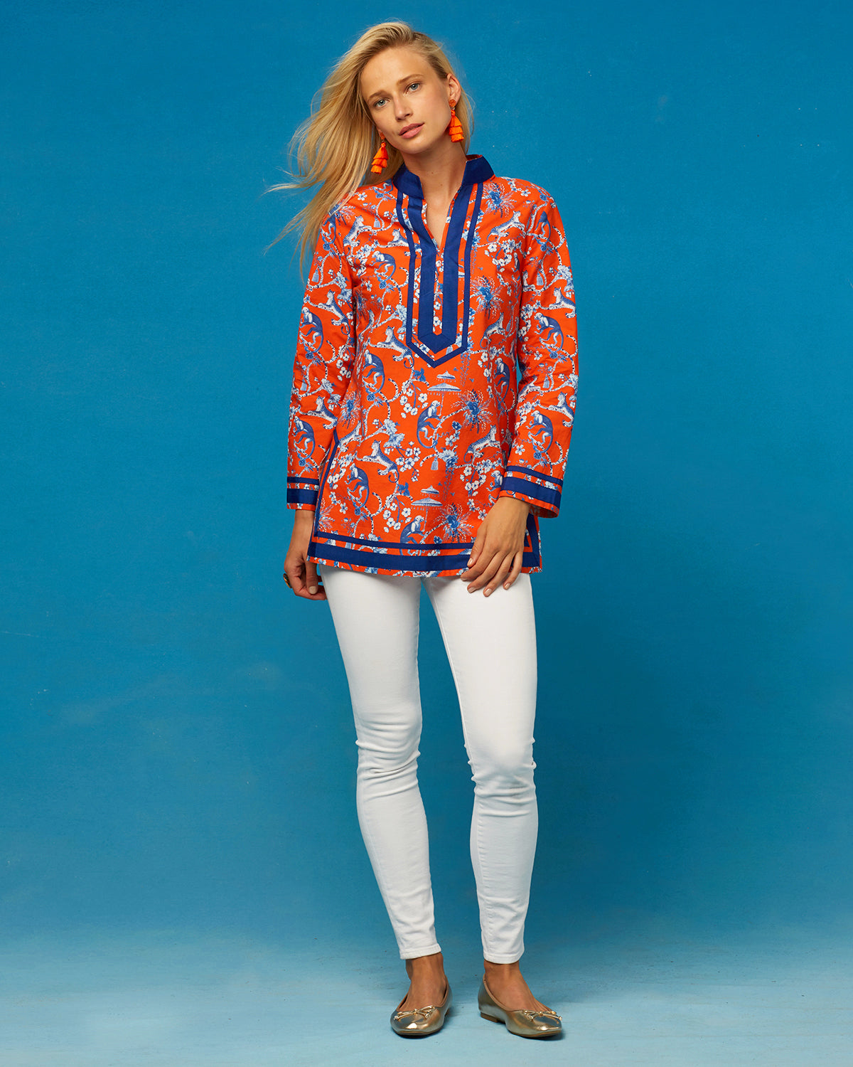 Capri Tunic in Whimsical Jungle Toile in Orange and Blue