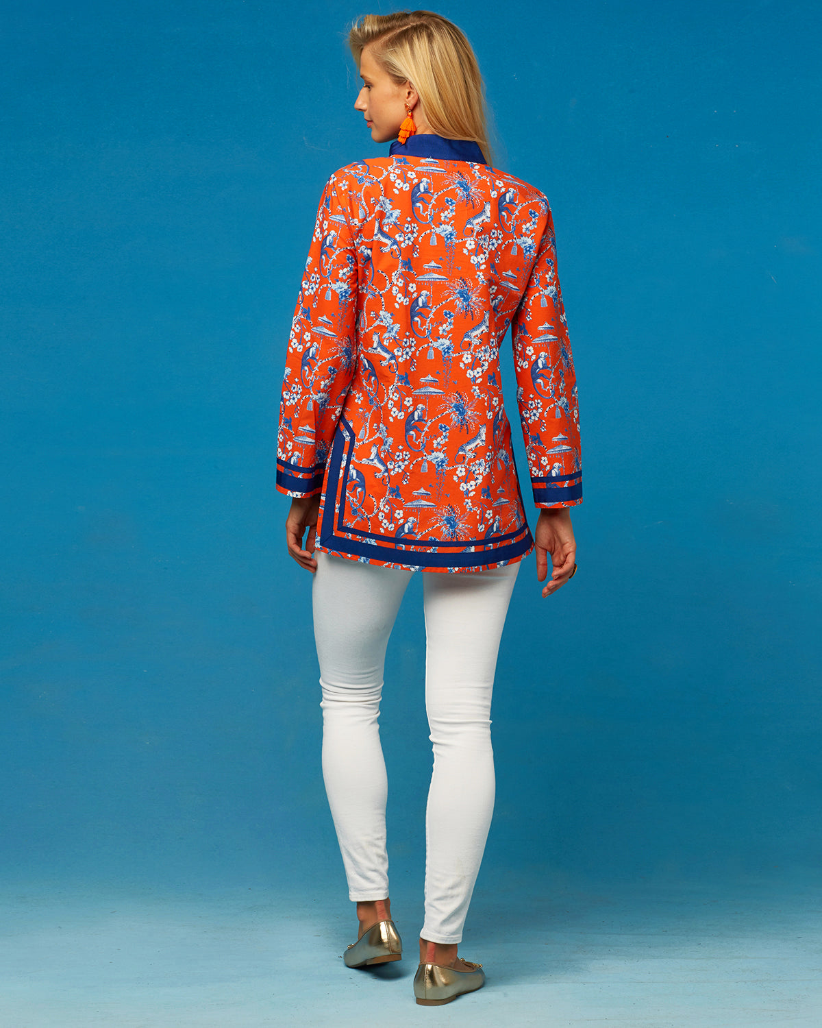 Capri Tunic in Whimsical Jungle Toile in Orange and Blue-Back View