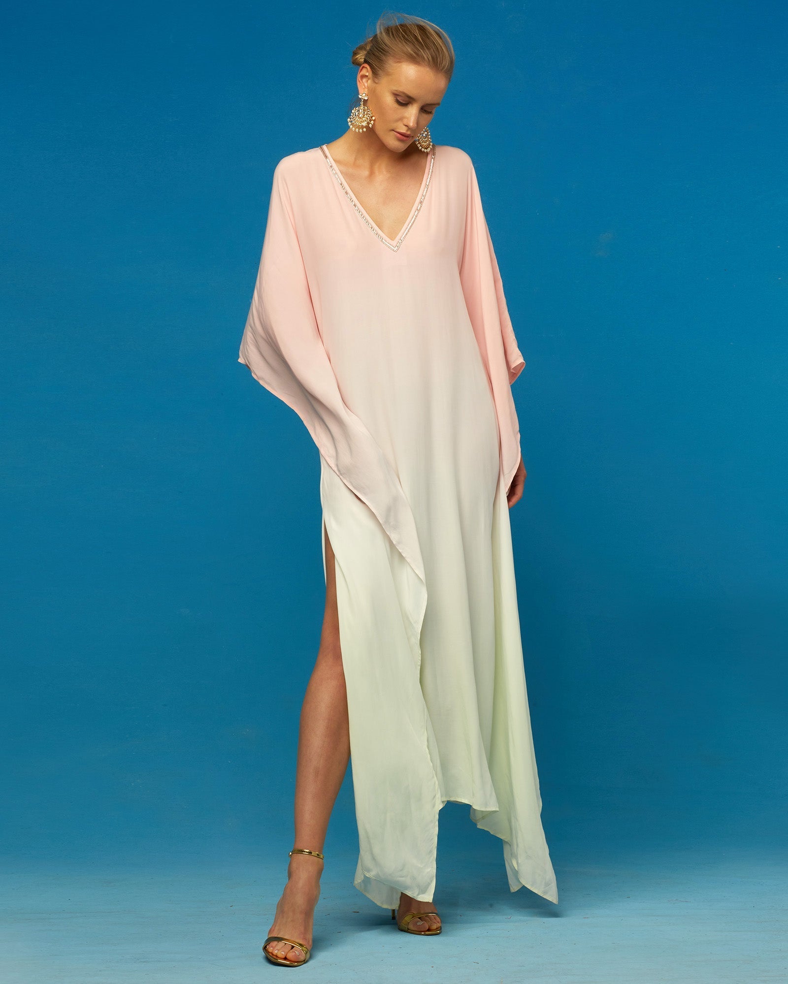 Luna Kaftan in Blush Pink Pink and Mint Green Ombre-Leg Slit