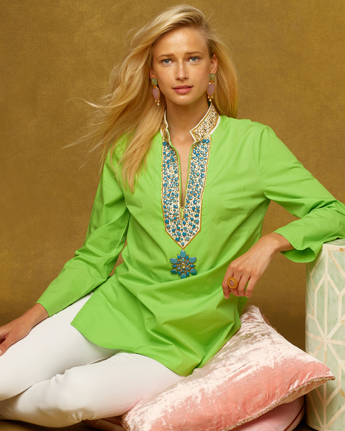 Madison Tunic in Lime Green Embellished in Gold and Semiprecious Stones