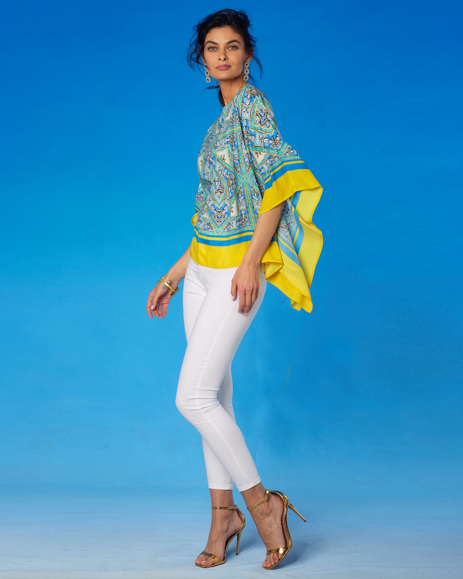 Marbella Poncho in Porcelain Print-Side View