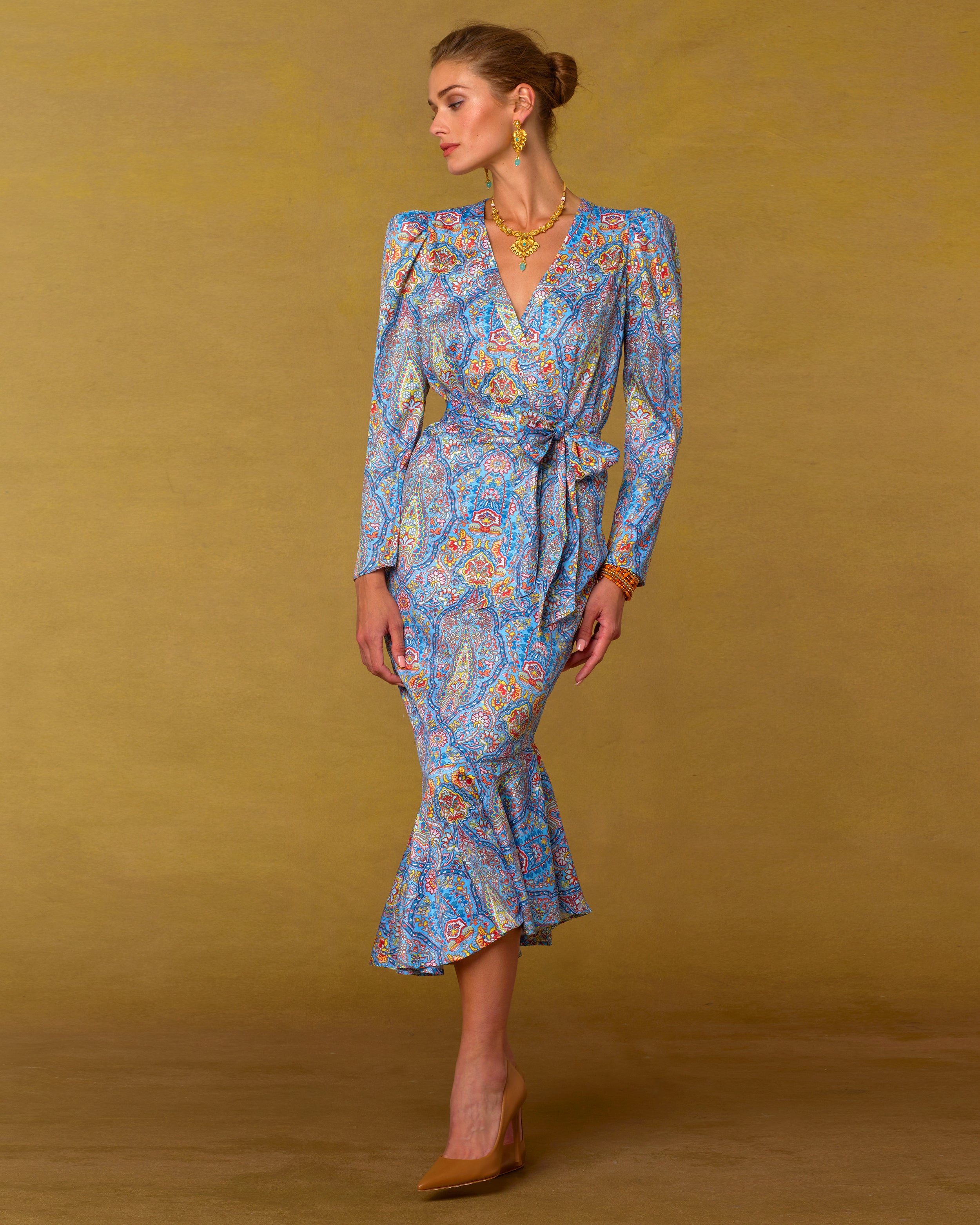 Marielle Midi Ruffle Dress in Kaleidoscope Paisley-Front View