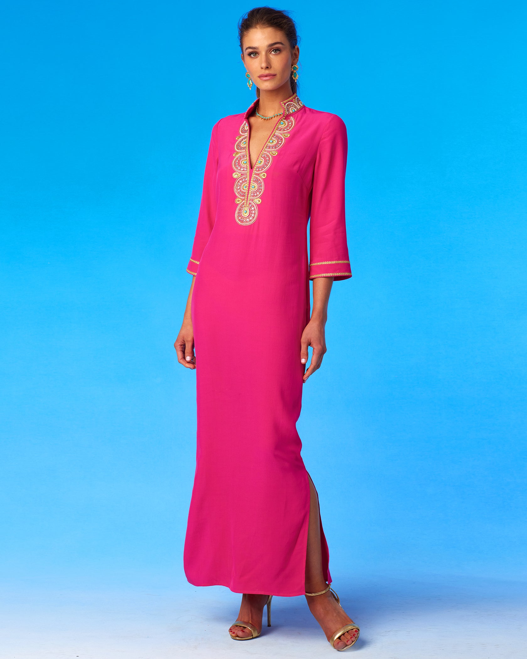 Noor Long Hot Pink Tunic Dress with Gold Embellishment-Front View