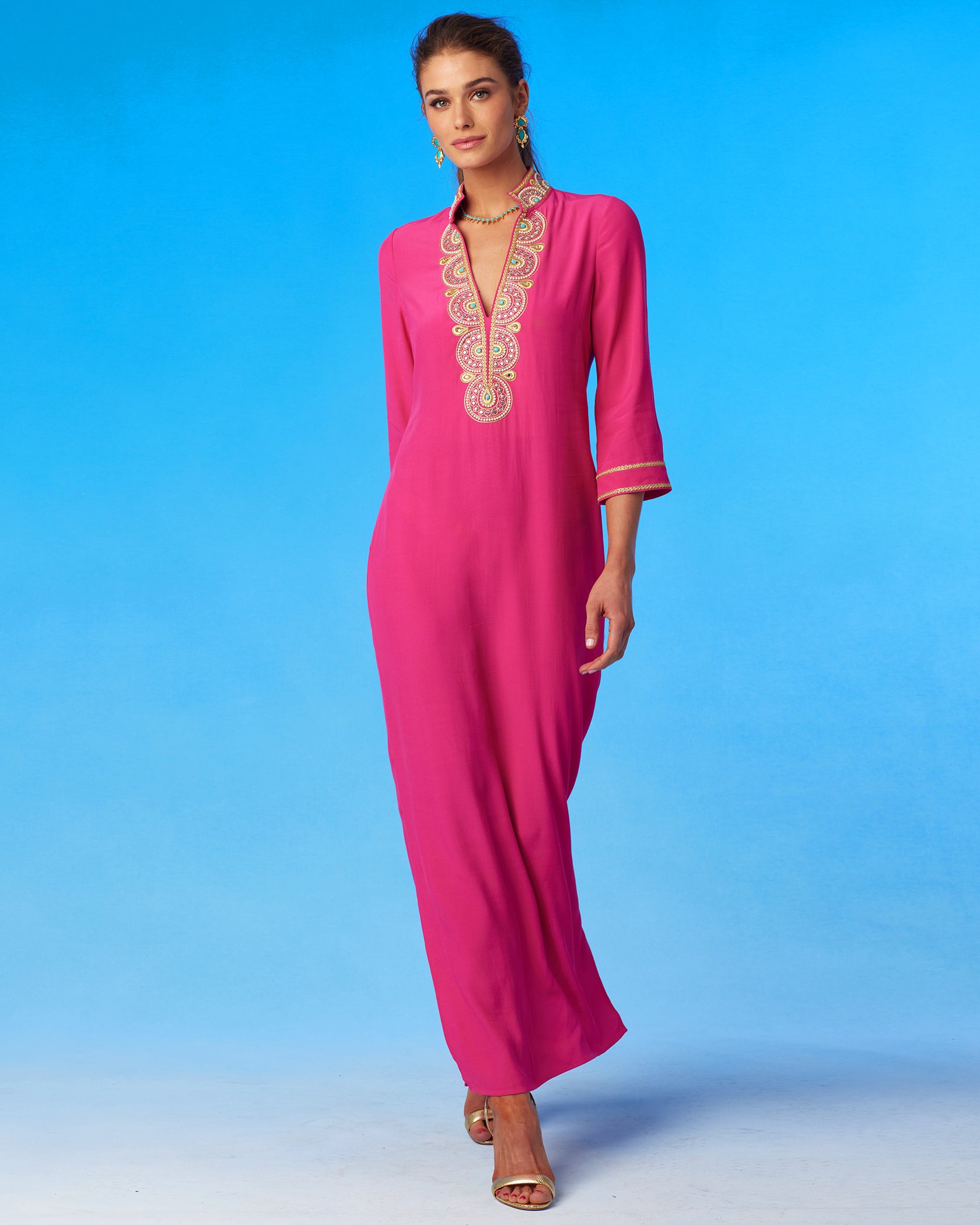 Noor Long Hot Pink Tunic Dress with Gold Embellishment-Front View