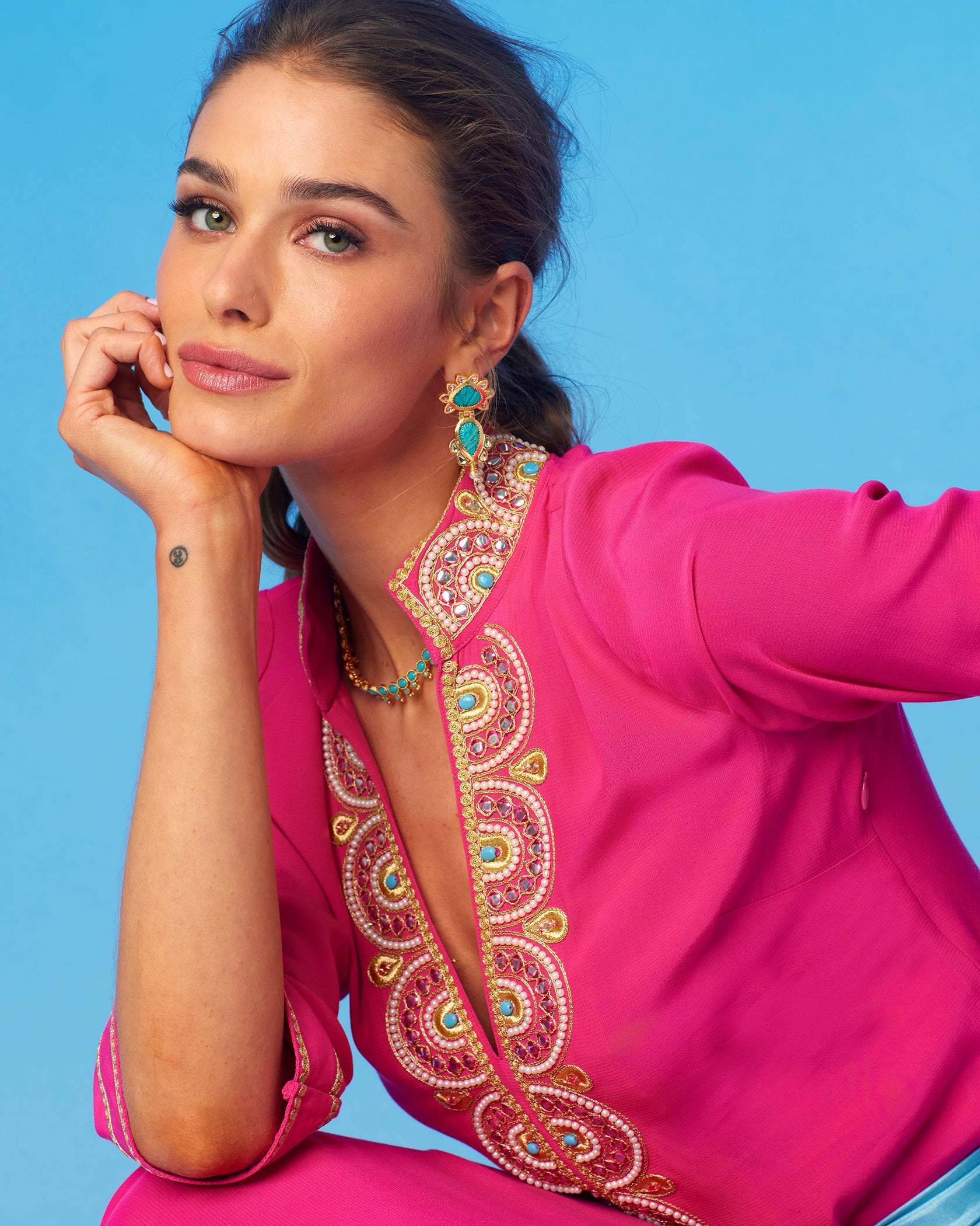 Noor Long Fuchsia Tunic Dress with Gold Embellishment-Portrait