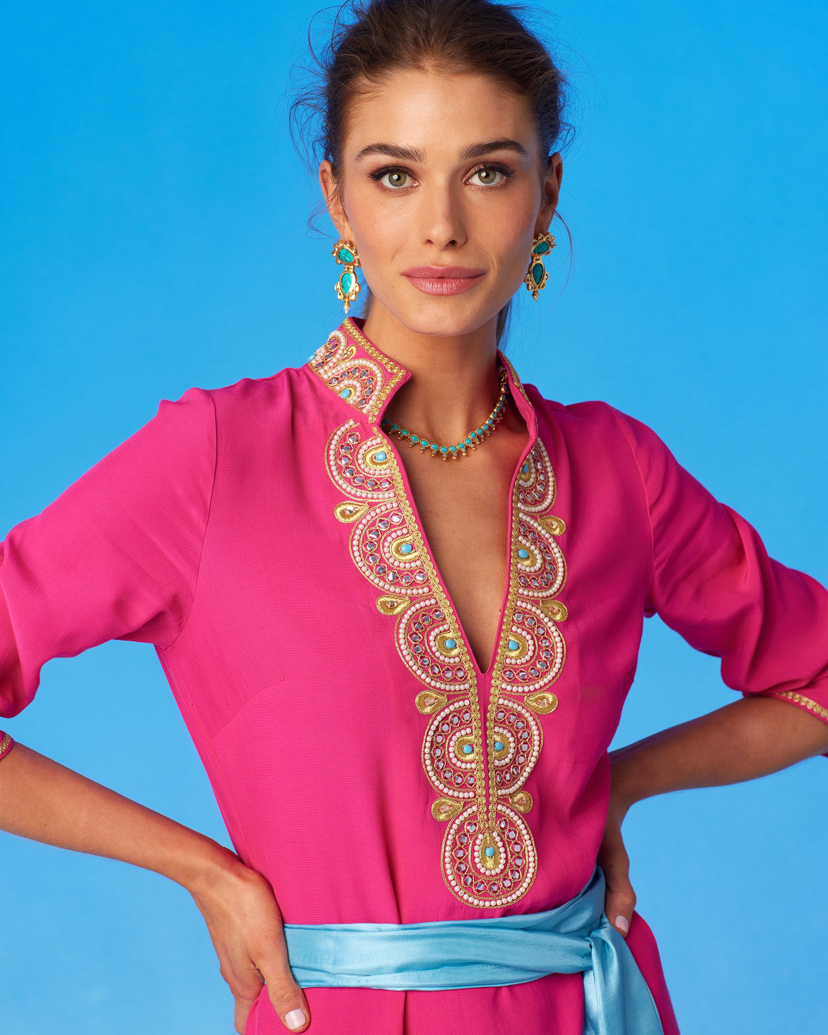 Noor Long Hot Pink Tunic Dress with Gold Embellishment-Portrait