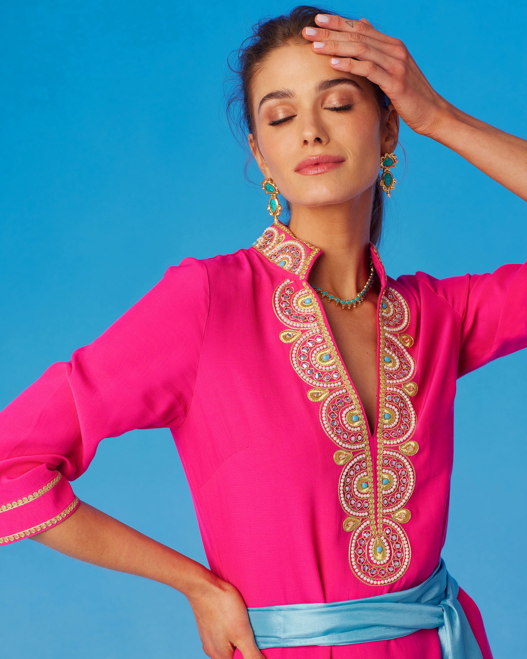 Noor Long Hot Pink Tunic Dress with Gold Embellishment-Closeup