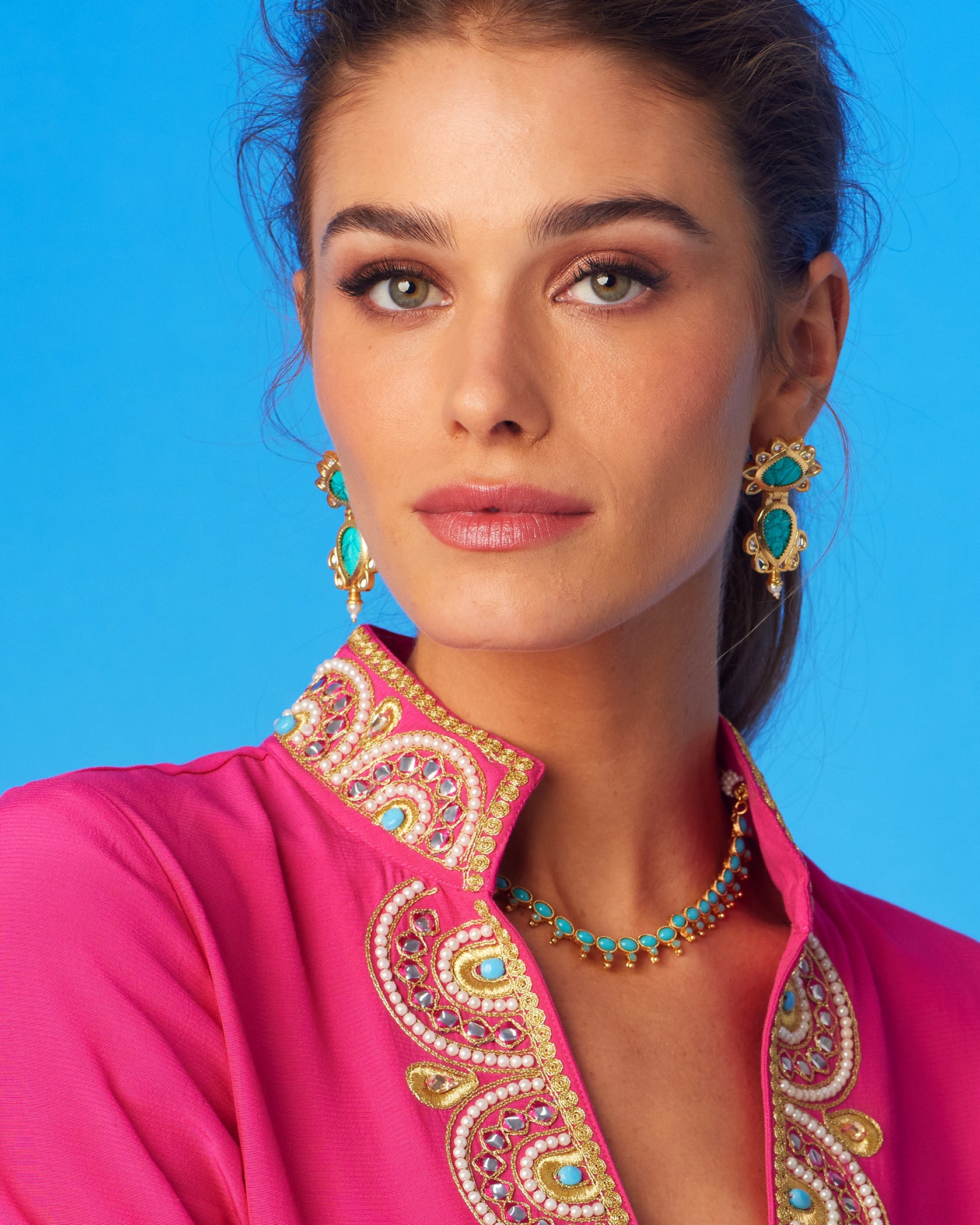 Cora Turquoise Blue String Necklace-Worn with the Noor Pink Dress
