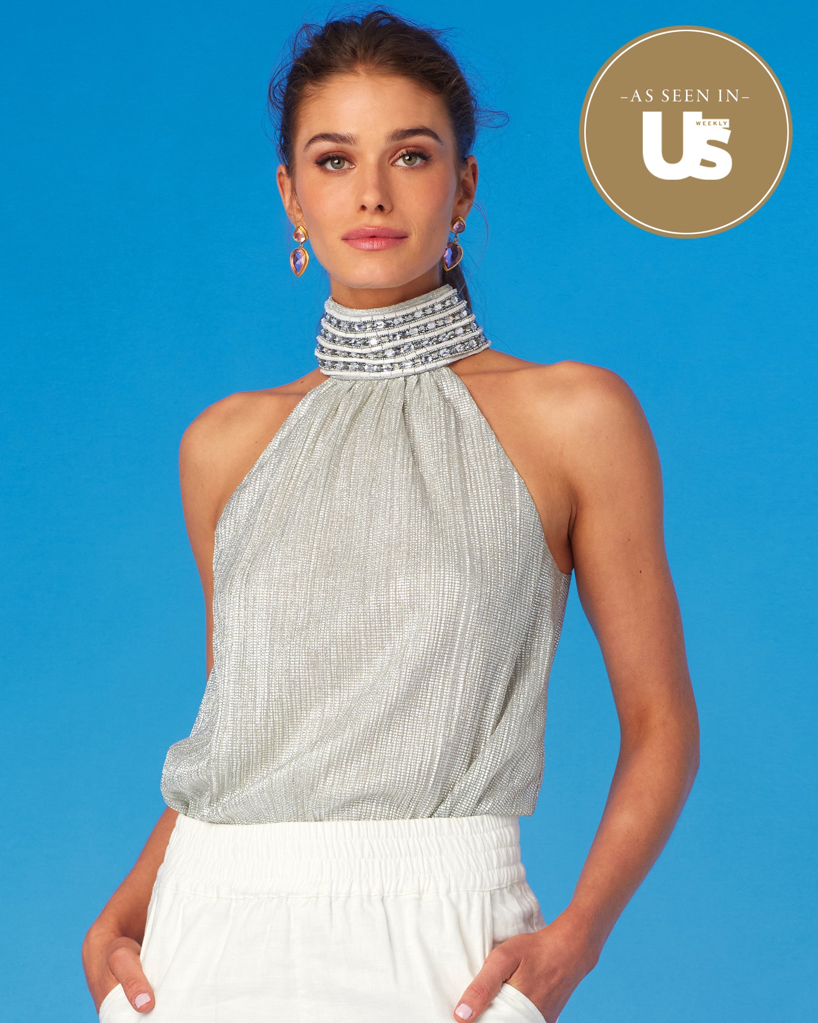 Odile Halter Top in Silver Cascade and Embellishment-As Featured in US Weekly