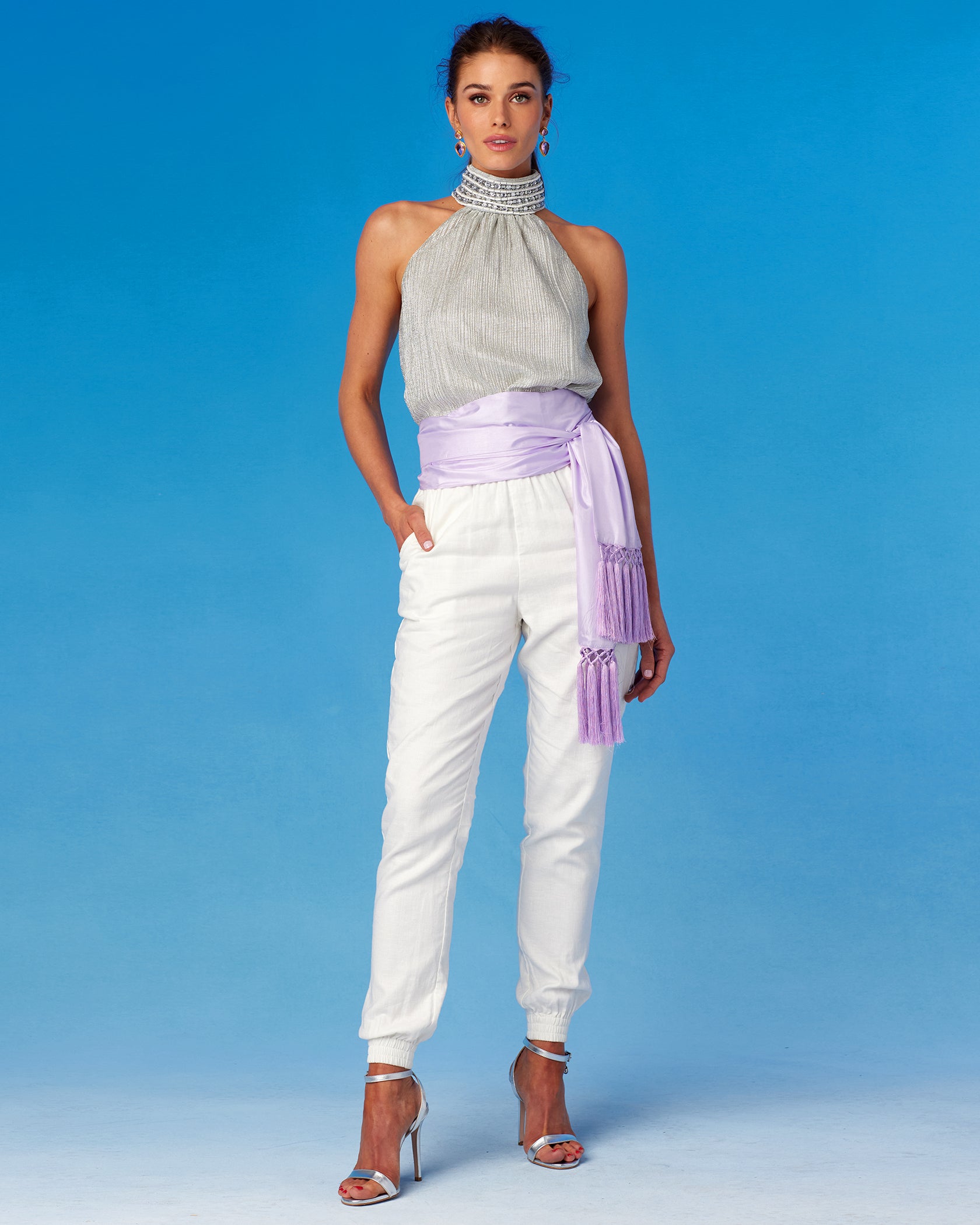 Odile Halter Top in Silver Cascade and Embellishment-Full Length and White Linen Harem Pants