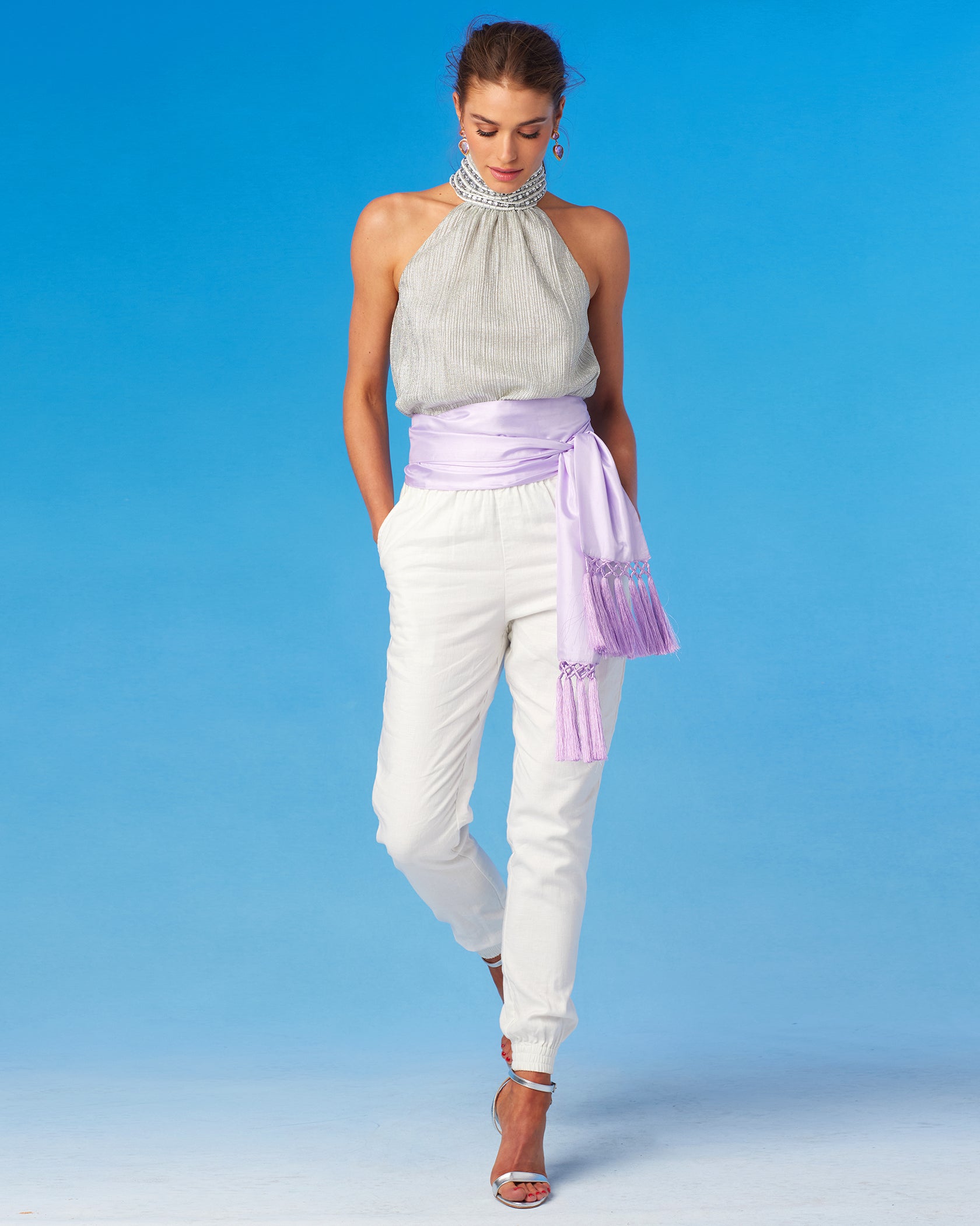 Odile Halter Top in Silver Cascade and Embellishment-Worn with White Linen Pant and Sash Belt
