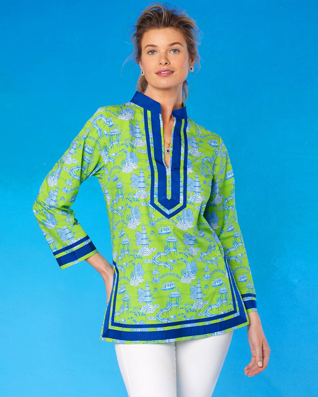 Capri Tunic in Pagoda Toile Lime Green and Blue