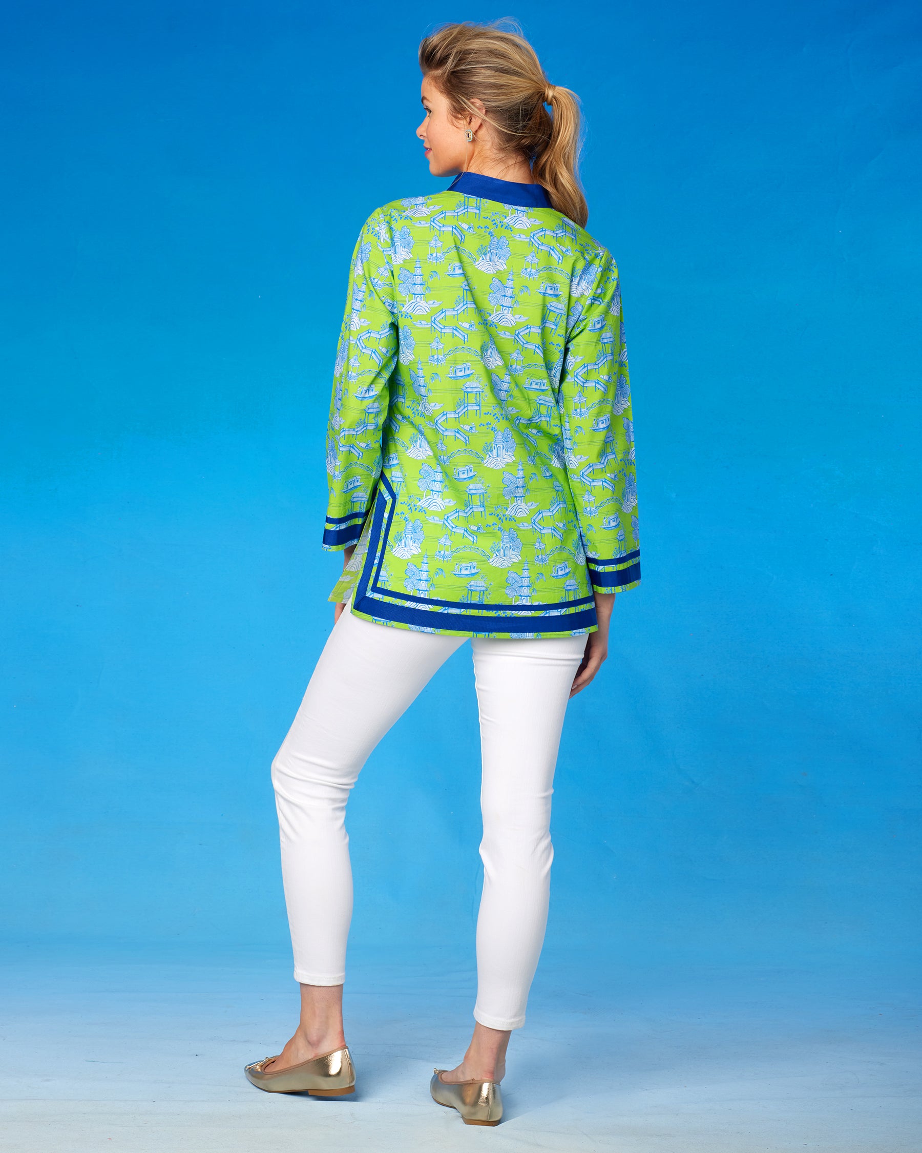 Capri Tunic in Pagoda Toile Lime Green and Blue-Back View