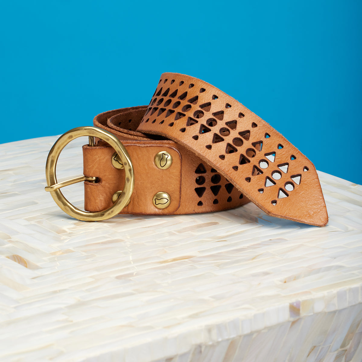 Tan Leather Belt with Gold Triangle Buckle. Medium to large ClaudiaG Collection Women main image 2