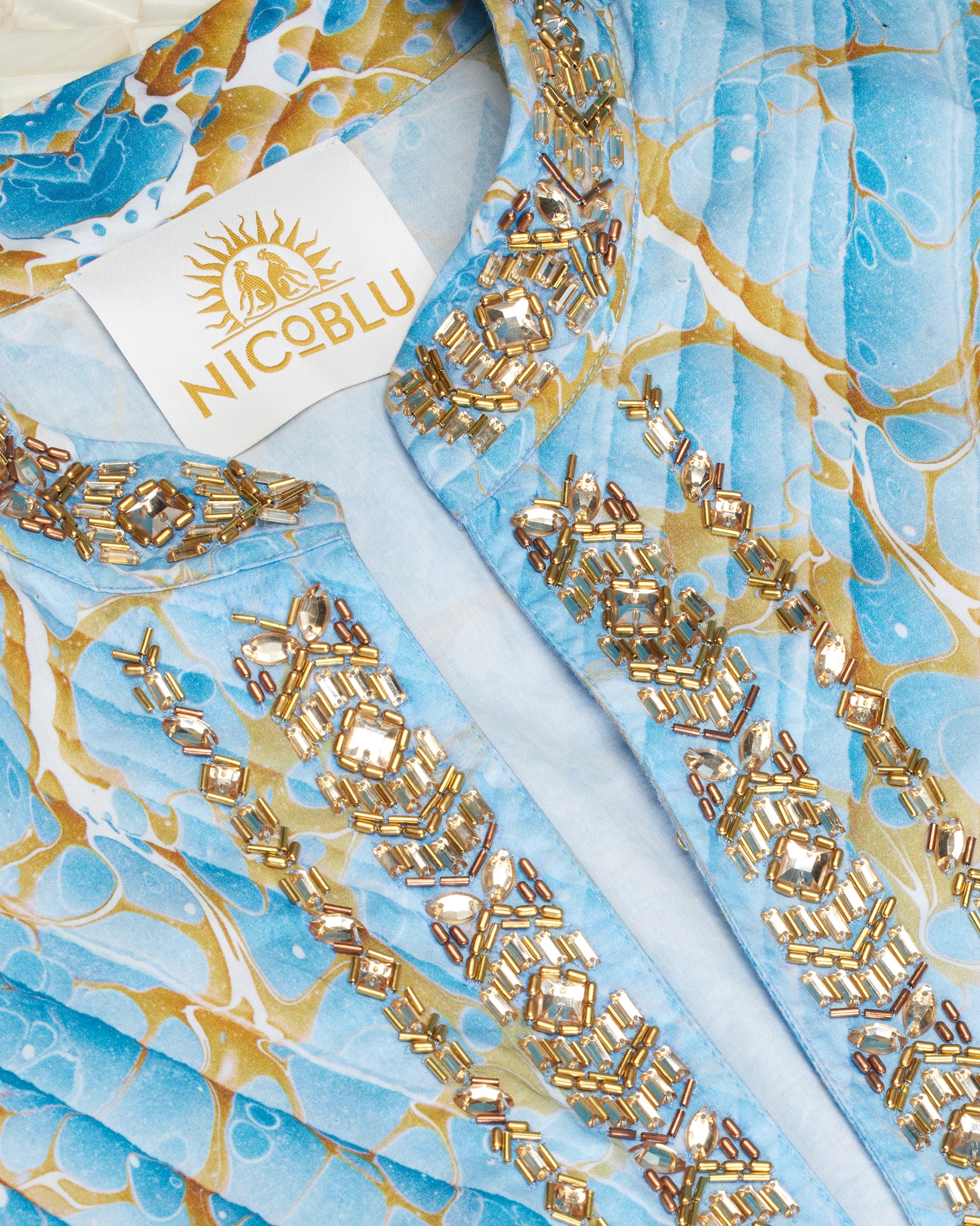 Estelle Tunic with Gold Embellishment in Sky Blue Marble-Detail of Hand Embellishment