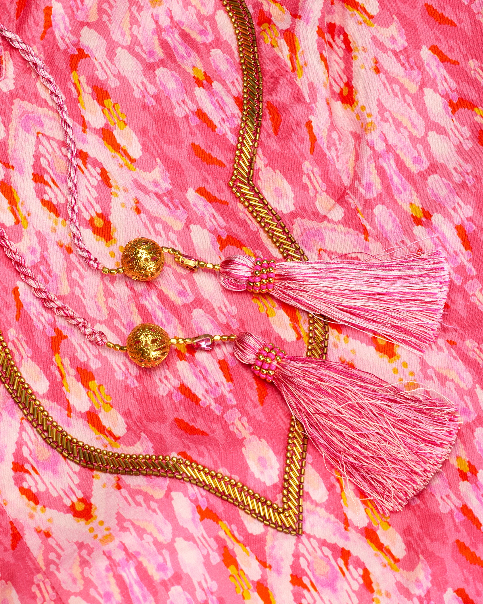 Orchidea Long Tunic Dress in Fuchsia Ikat Print-Detail of Tassels and Hand Embellishment