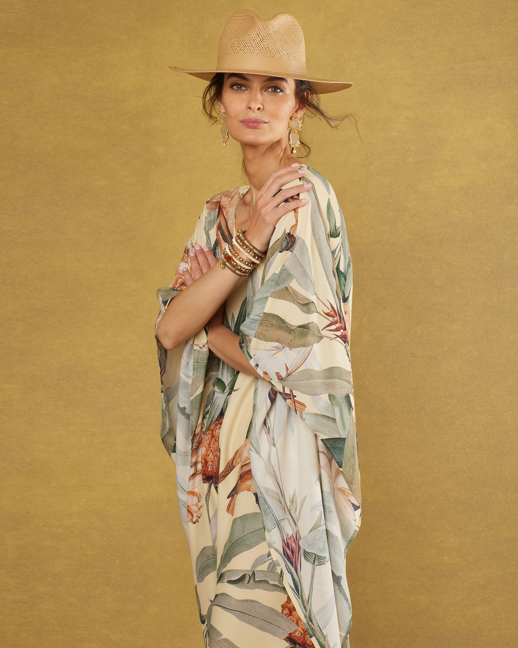 Savanna Kaftan in Tropical Oasis Print-Closeup Romantic