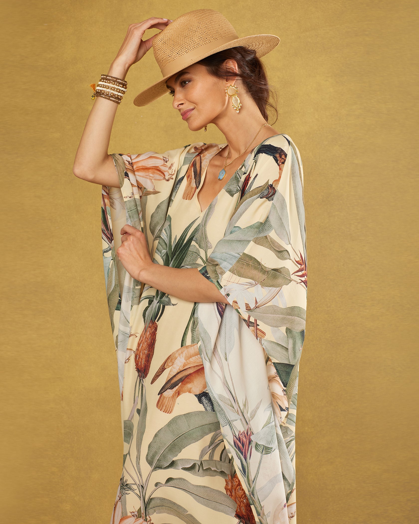 Savanna Kaftan in Tropical Oasis Print-Closeup