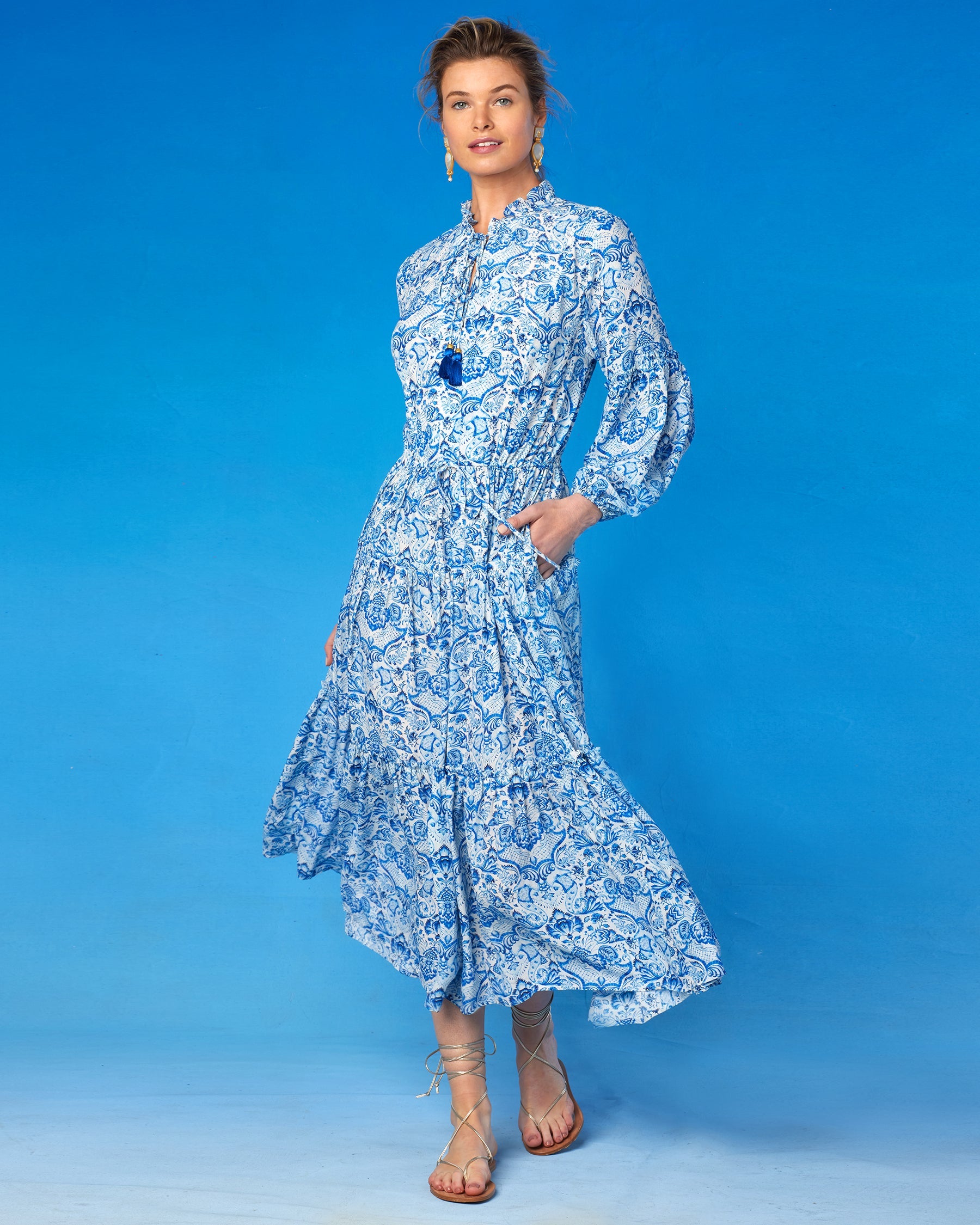 Shalimar Long Bohemian Ruffle Dress in Blue and White-Front Alternate View