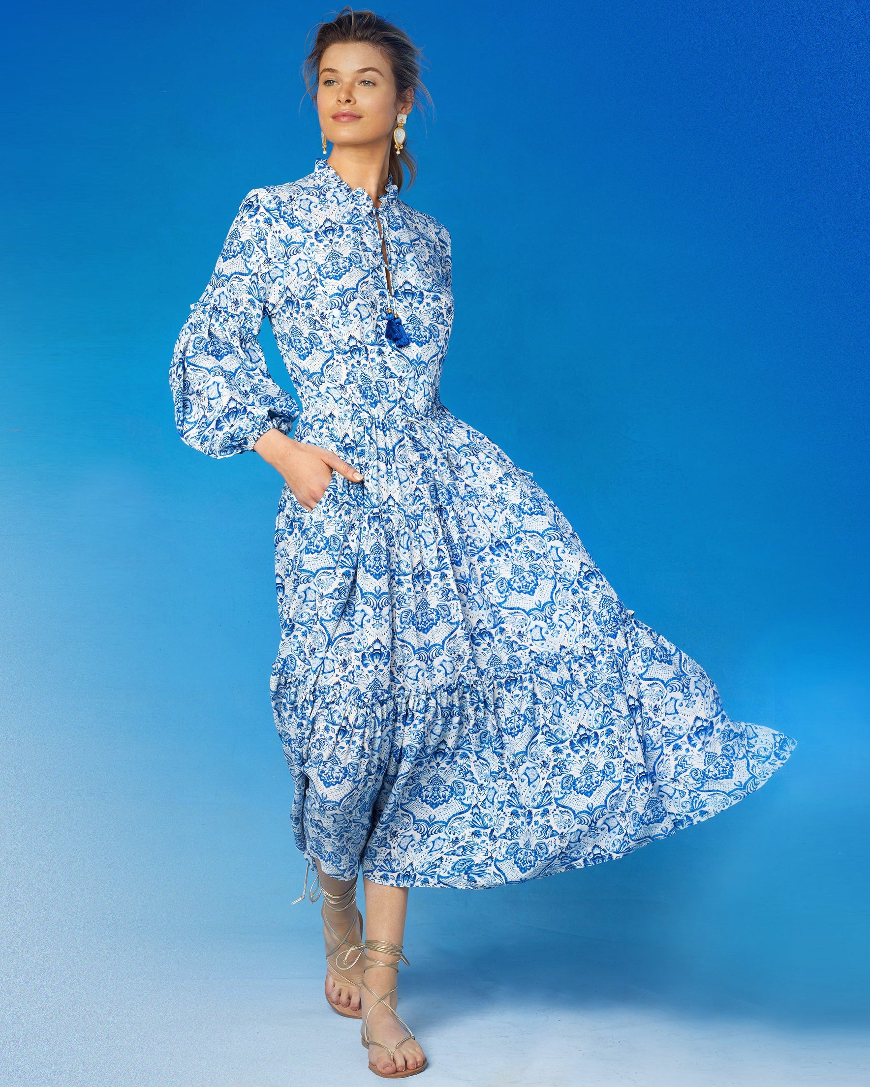 Shalimar Long Bohemian Ruffle Dress in Blue and White